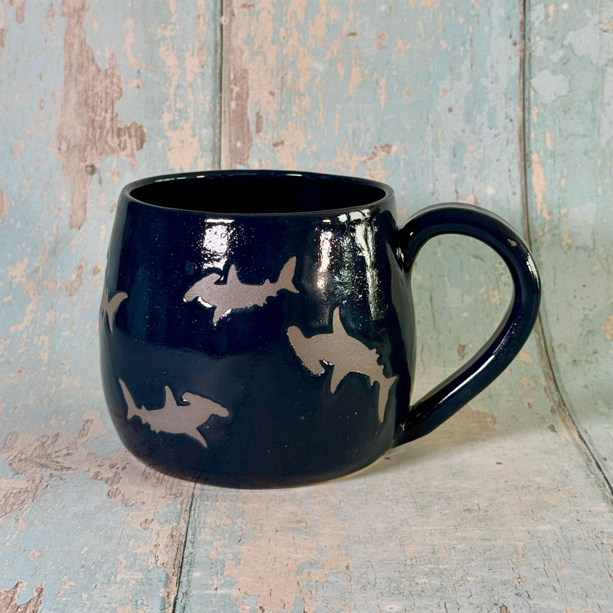 Navy Blue Hammerhead Shark Mug, Large Ceramic Cup - Second - FJD Ceramics