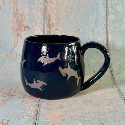 Navy Blue Hammerhead Shark Mug, Large Ceramic Cup - Second - FJD Ceramics