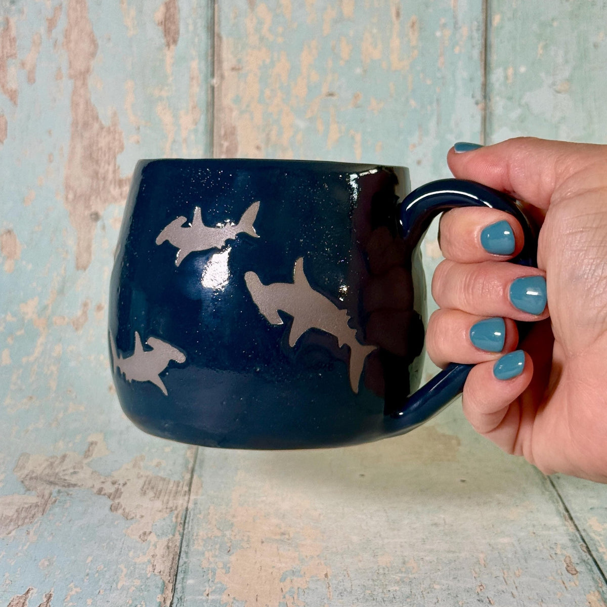 Navy Blue Hammerhead Shark Mug, Large Ceramic Cup - Second - FJD Ceramics