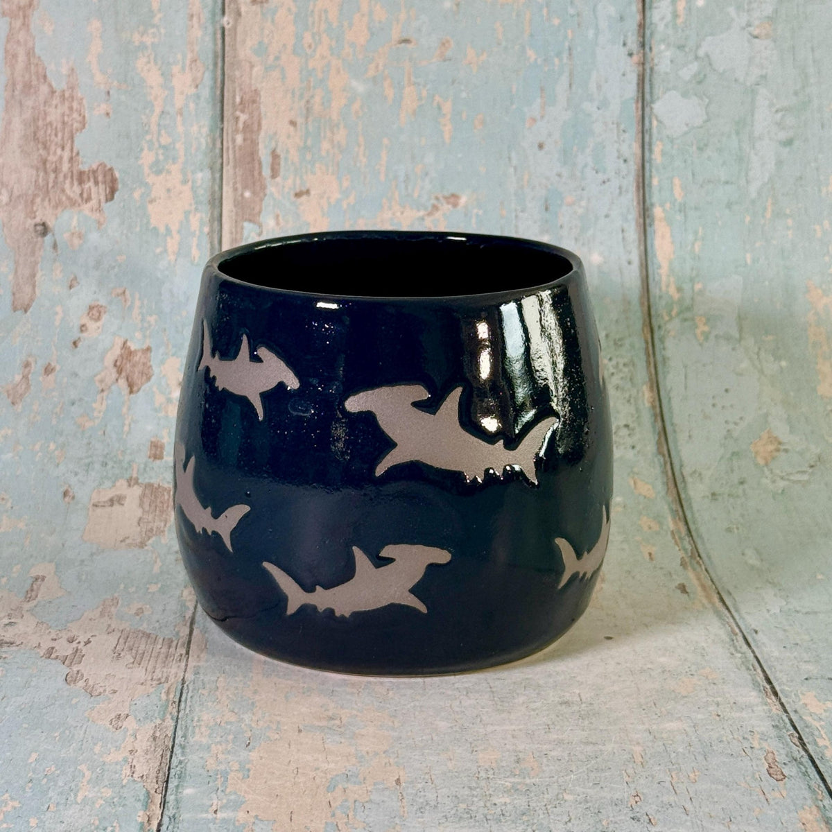 Navy Blue Hammerhead Shark Mug, Large Ceramic Cup - Second - FJD Ceramics