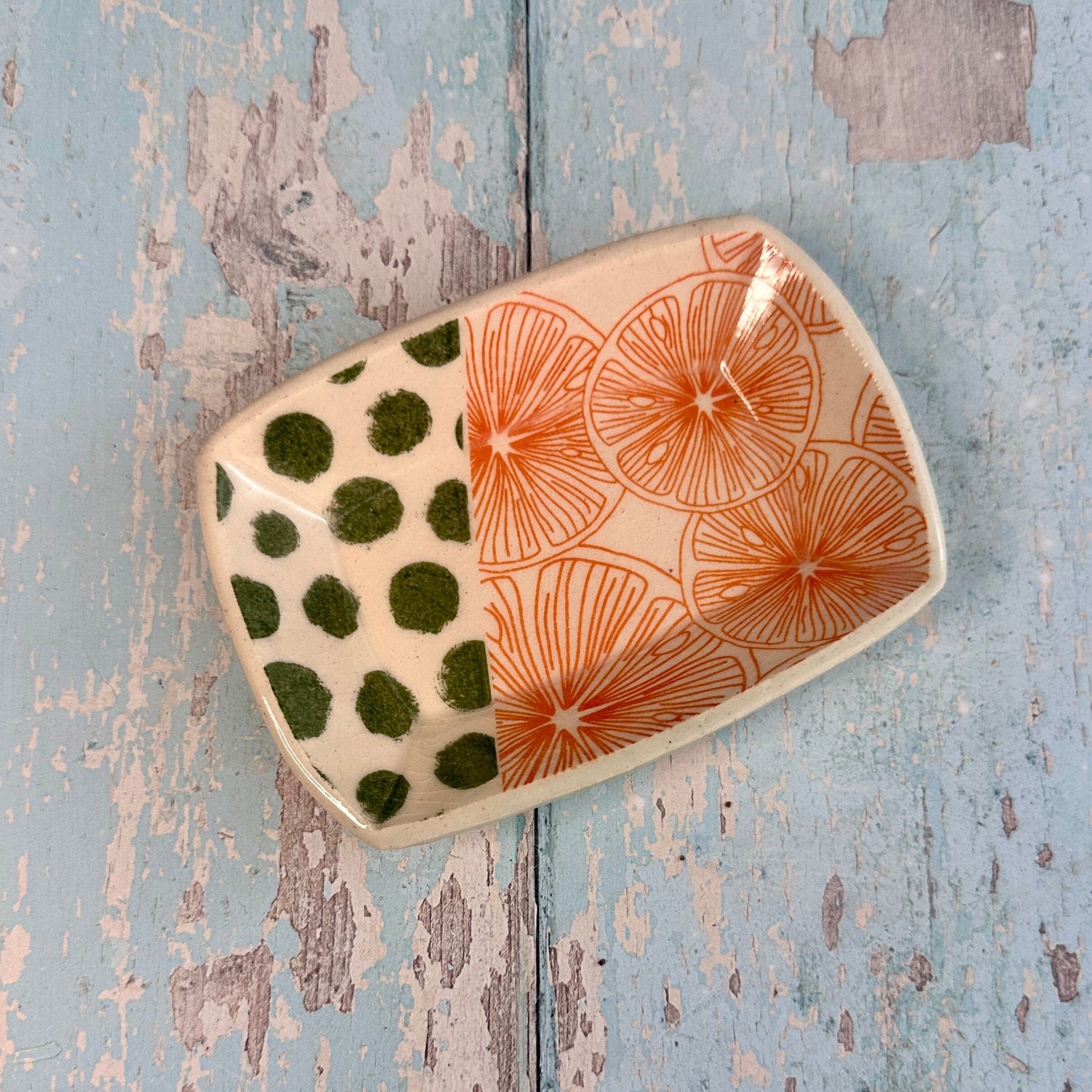 Orange and Green Jewellery Dish, Handmade Hexagon Ceramic Pot - FJD Ceramics