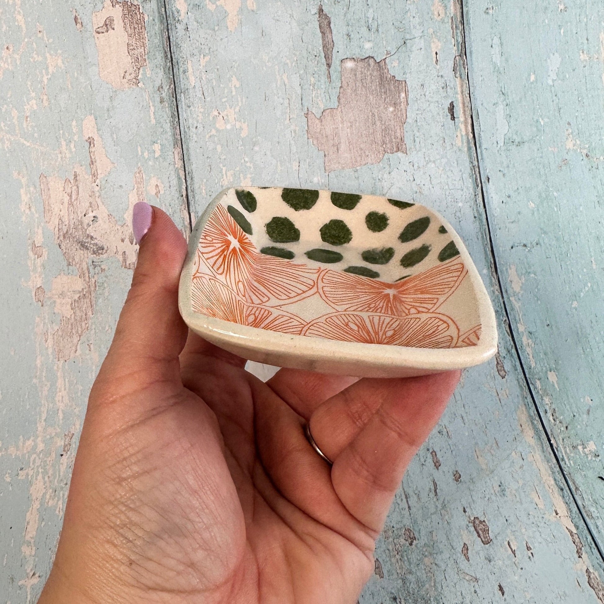 Orange and Green Jewellery Dish, Handmade Hexagon Ceramic Pot - FJD Ceramics