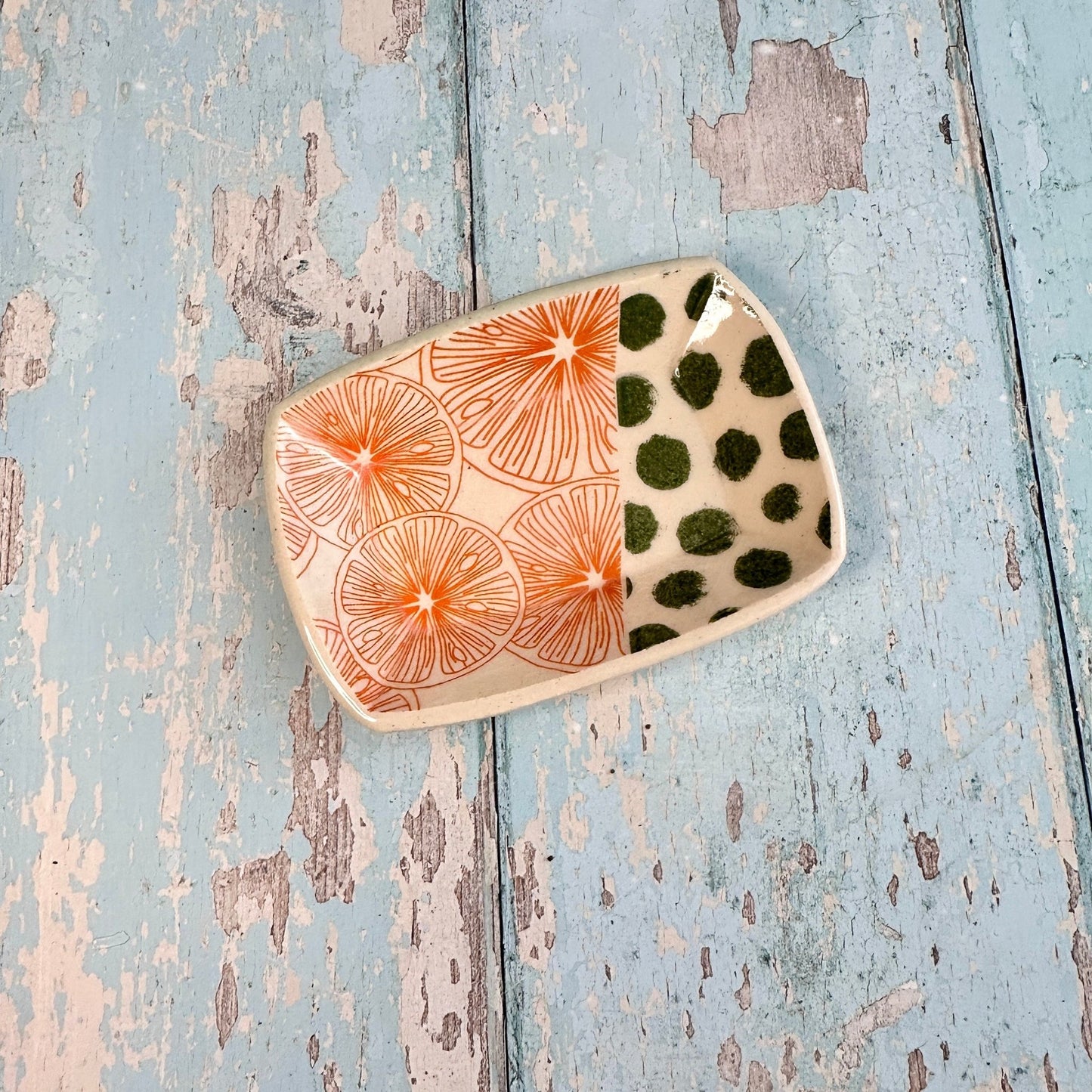 Orange and Green Jewellery Dish, Handmade Hexagon Ceramic Pot - FJD Ceramics