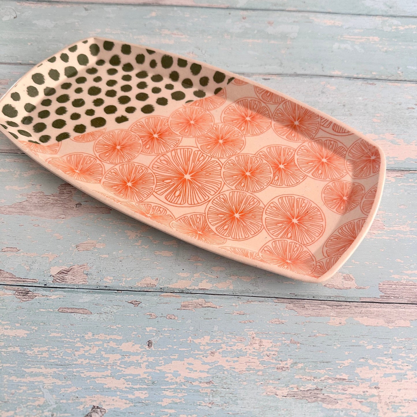 Orange and Green Platter, Large Handmade Rectangle Ceramic Plate - FJD Ceramics