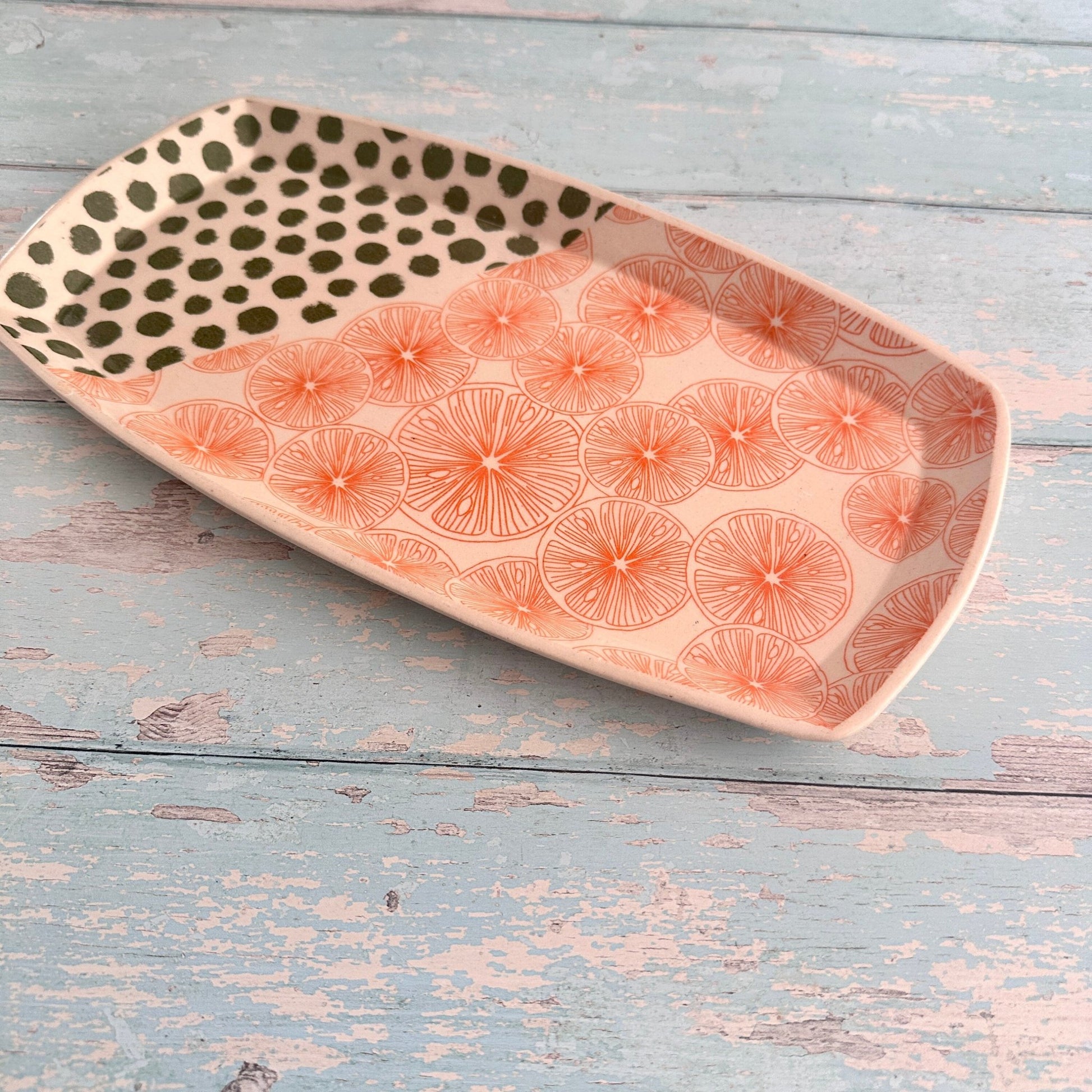 Orange and Green Platter, Large Handmade Rectangle Ceramic Plate - FJD Ceramics