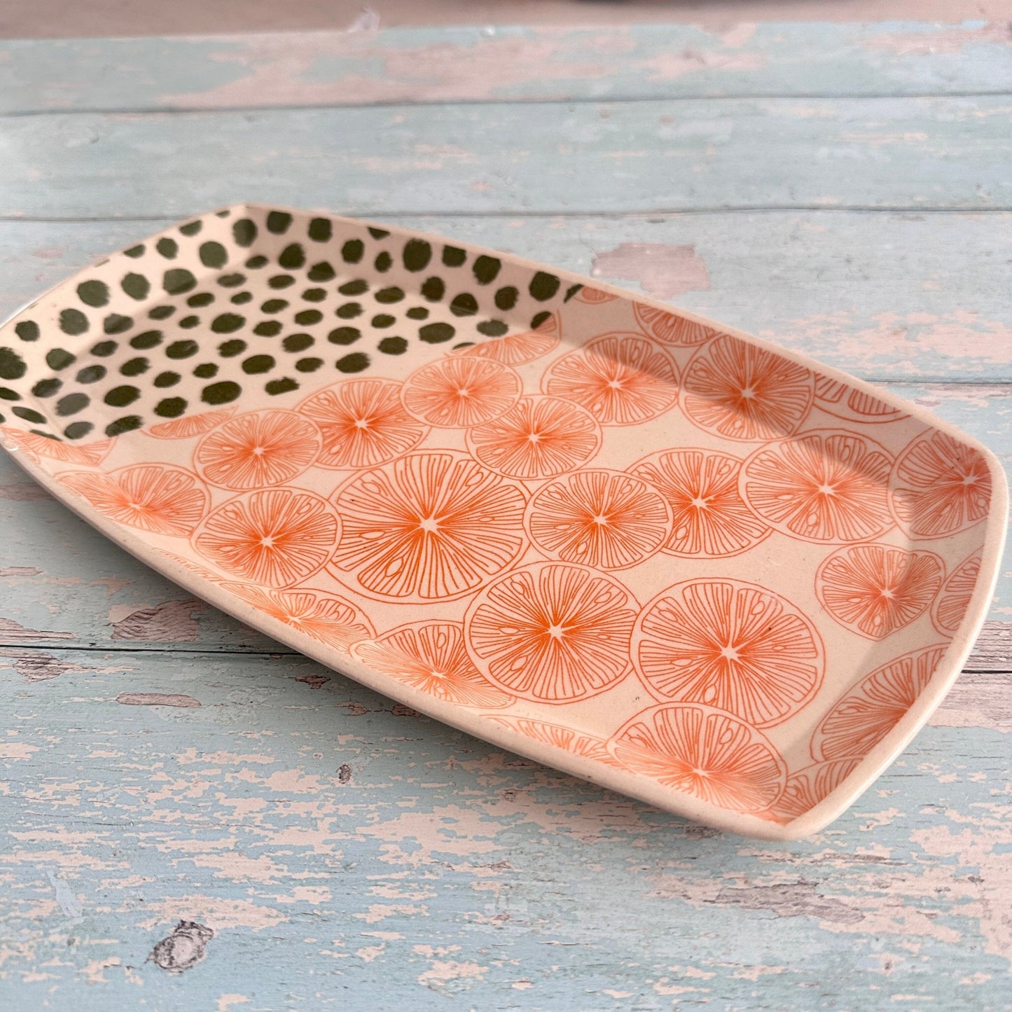 Orange and Green Platter, Large Handmade Rectangle Ceramic Plate - FJD Ceramics