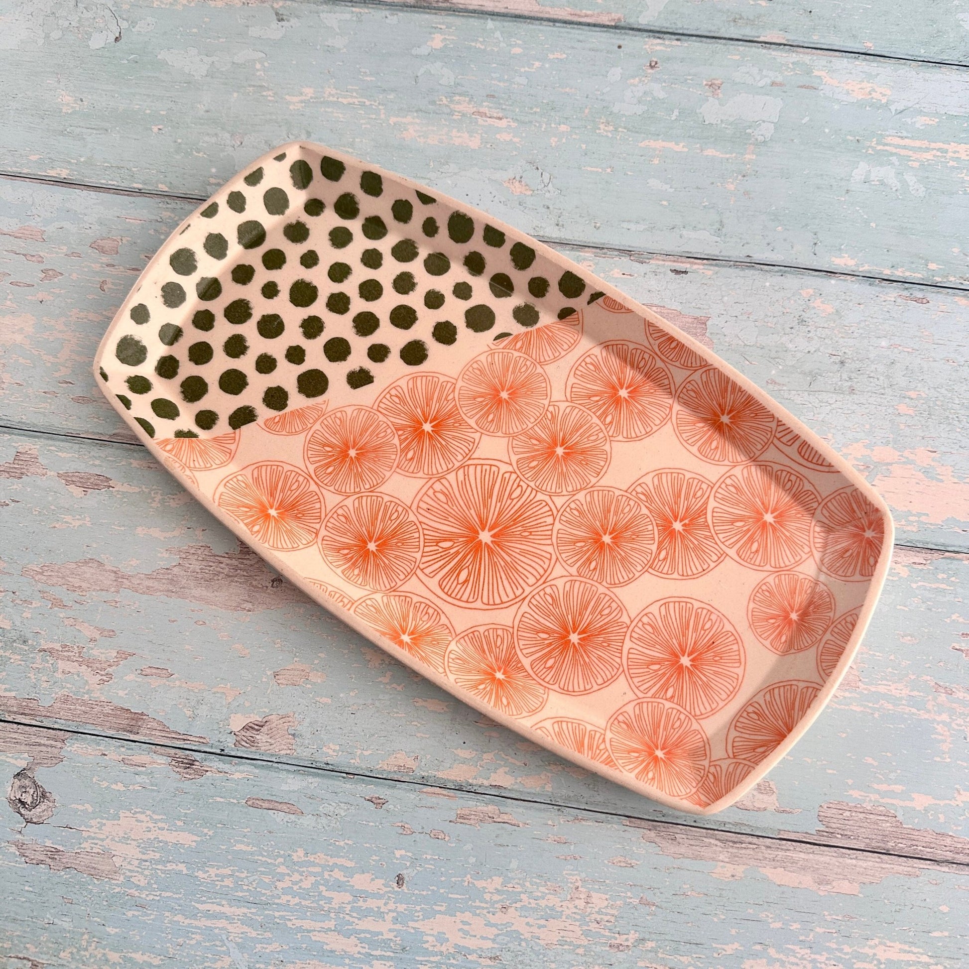 Orange and Green Platter, Large Handmade Rectangle Ceramic Plate - FJD Ceramics