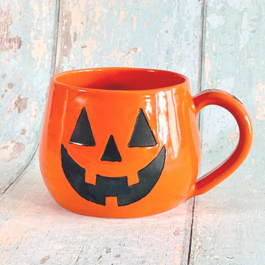Orange Halloween Pumpkin, Jack O Lantern Mug, Large Ceramic Cup - FJD Ceramics