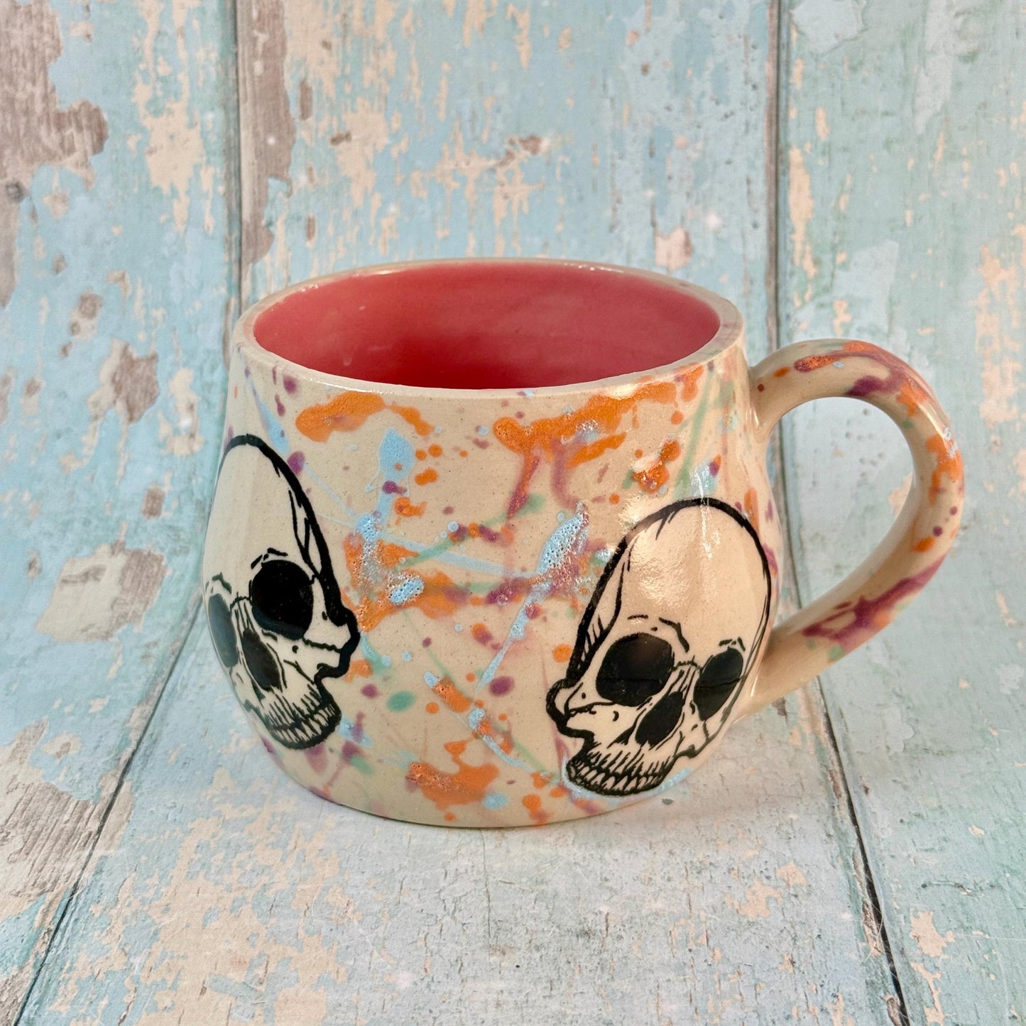 Pastel and Pink Skull Mug, Large Ceramic Cup - FJD Ceramics