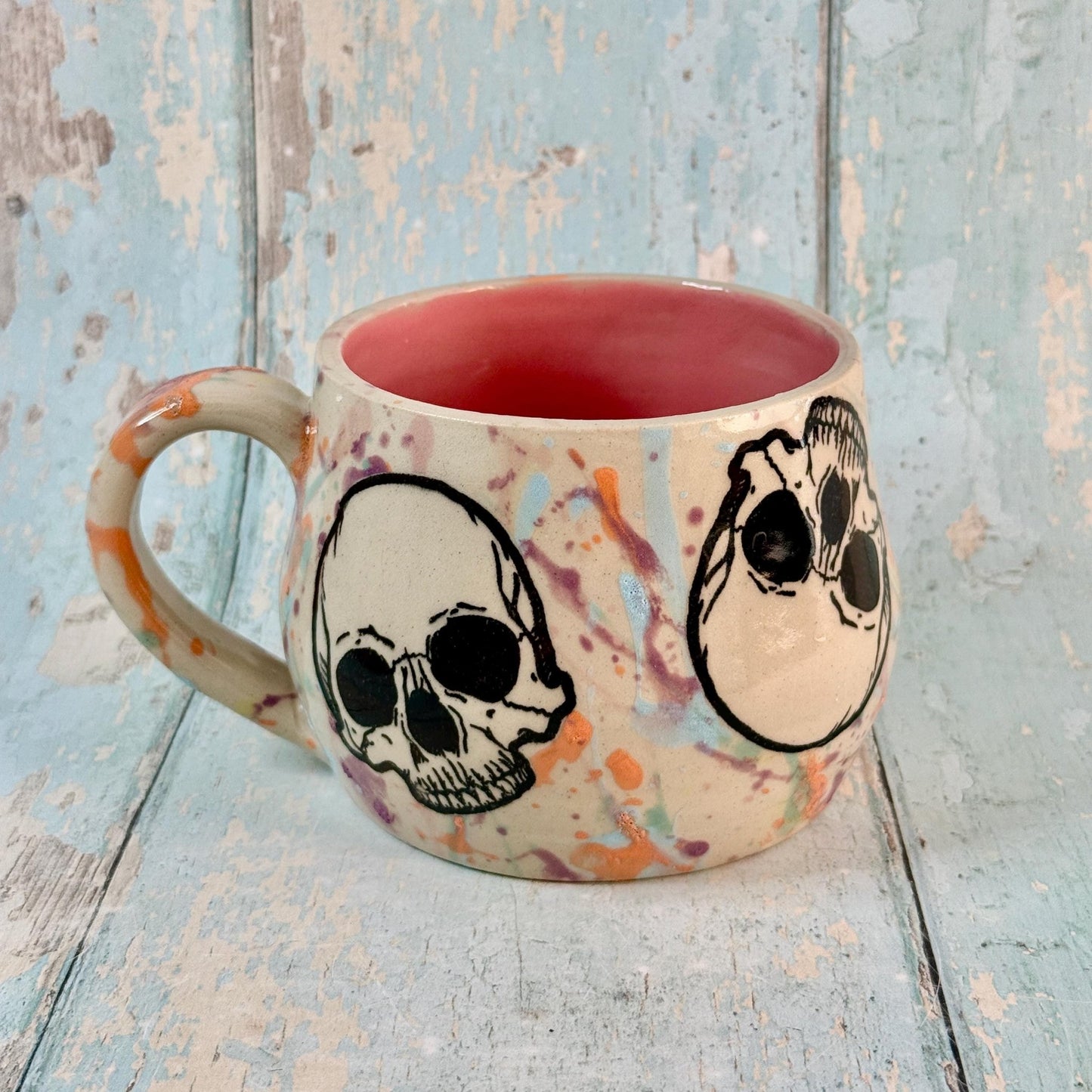 Pastel and Pink Skull Mug, Large Ceramic Cup - FJD Ceramics