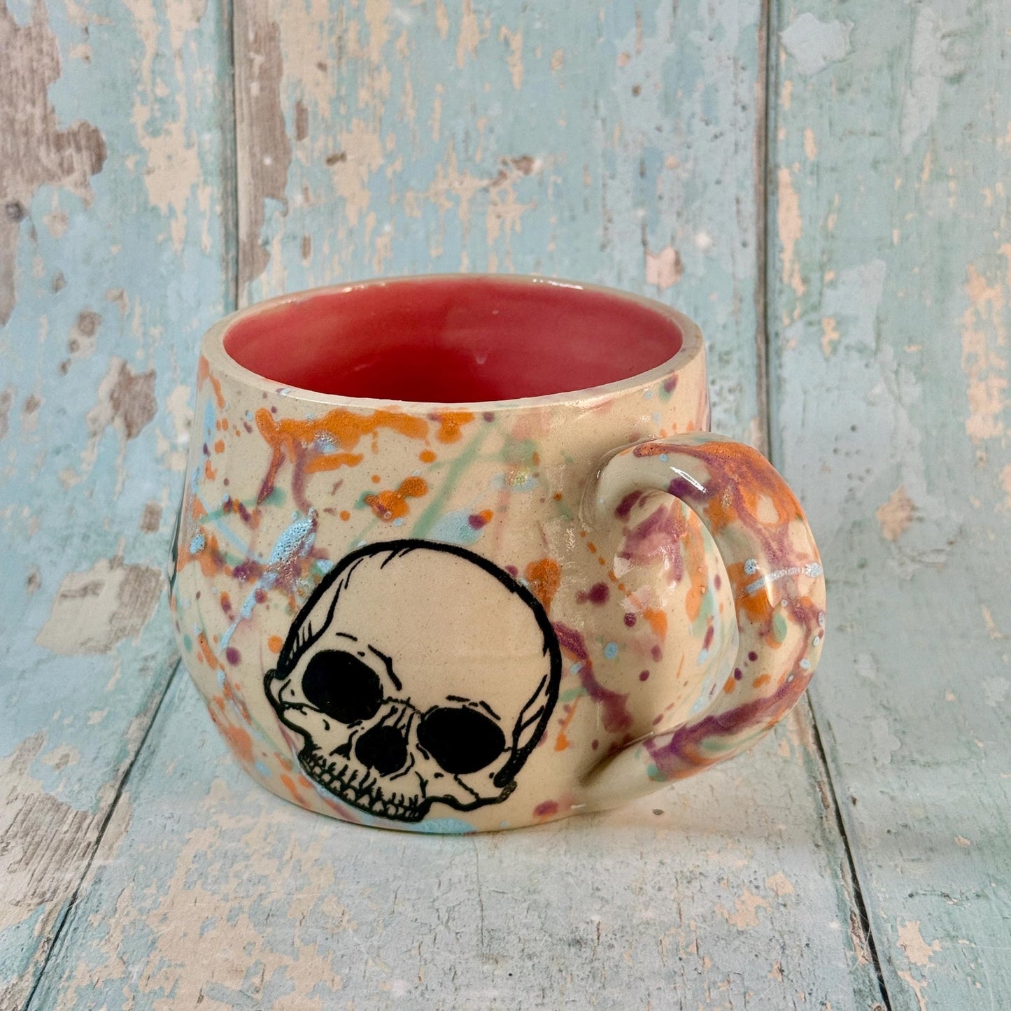 Pastel and Pink Skull Mug, Large Ceramic Cup - FJD Ceramics