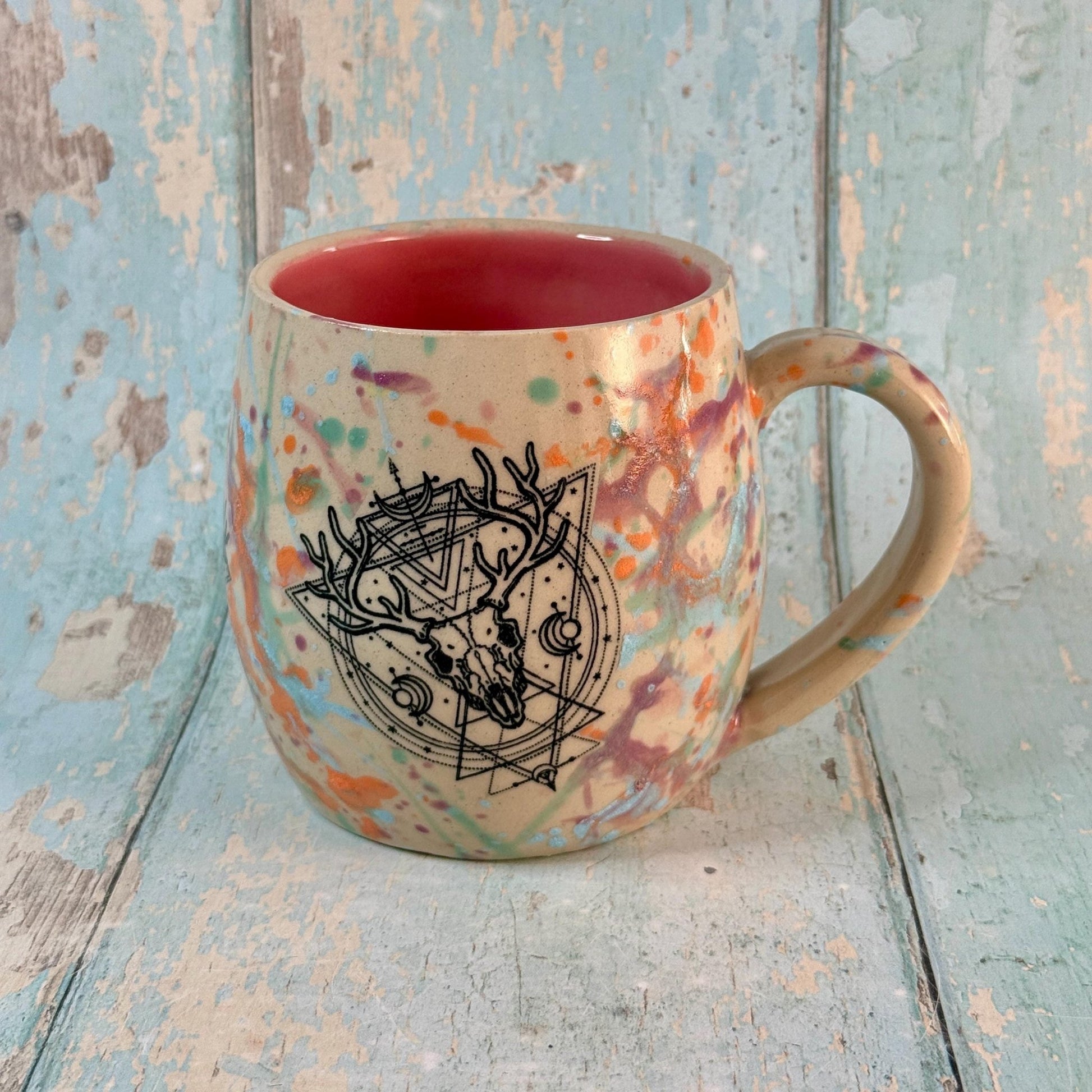 Pastel Boho Stag Skull Mug, Large Ceramic Cup - FJD Ceramics