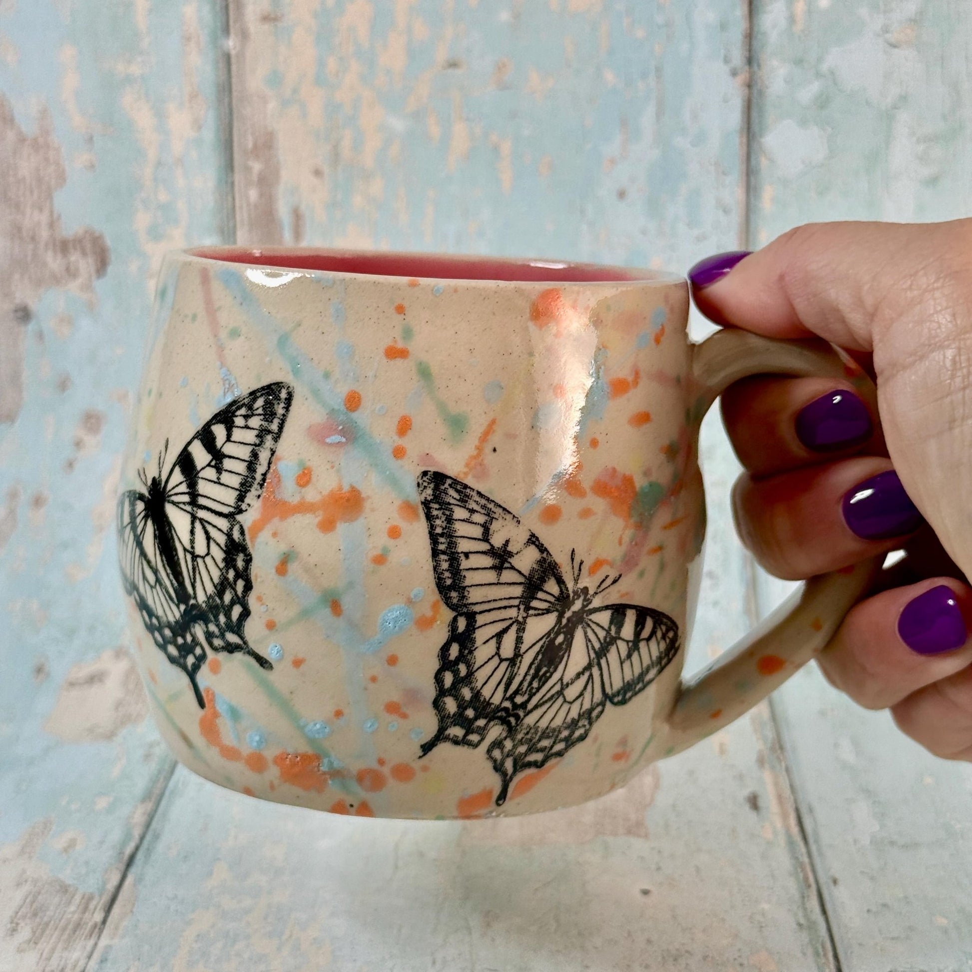 Pastel Pink Handmade Butterfly Mug, Large Ceramic Cup - FJD Ceramics