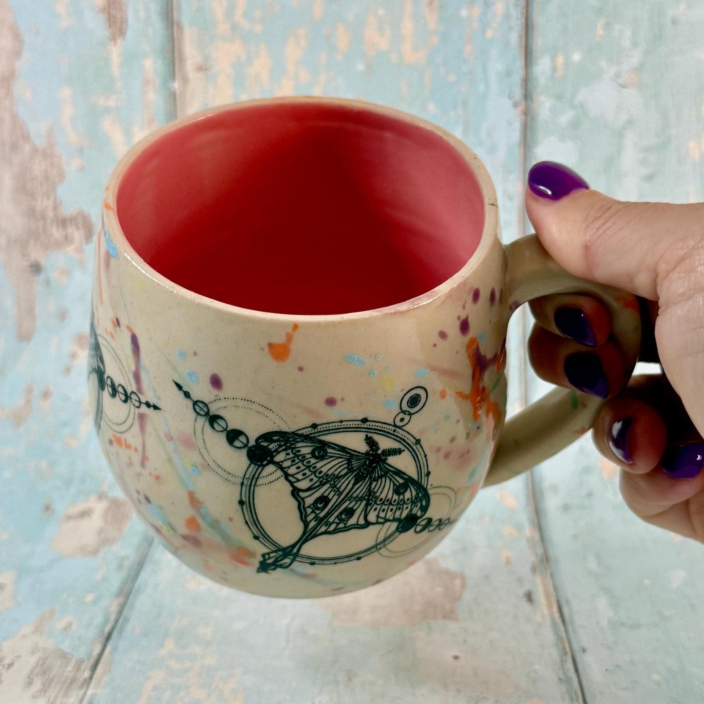 Pastel Pink Luna Moth Mug, Large Ceramic Cup - Second - FJD Ceramics