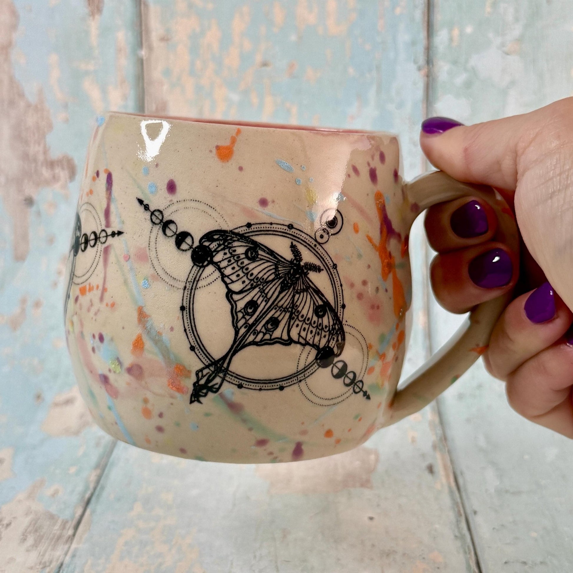 Pastel Pink Luna Moth Mug, Large Ceramic Cup - Second - FJD Ceramics