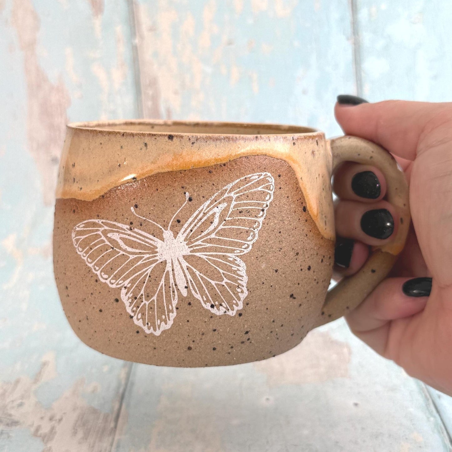 Peach Butterfly Mug, Large Ceramic Cup - FJD Ceramics