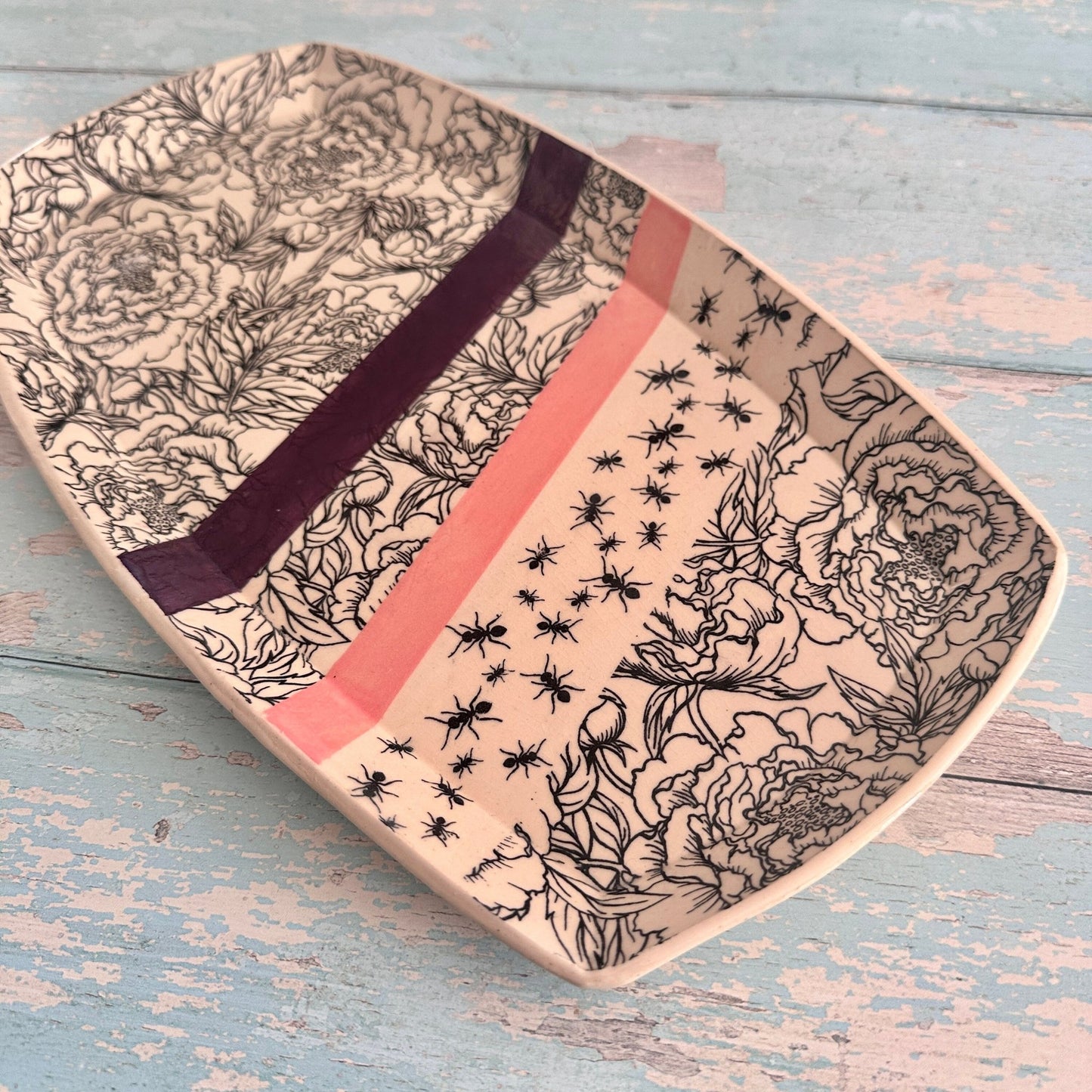 Peony and Ant Platter, Pink and Purple Large Handmade Rectangle Ceramic Plate - FJD Ceramics