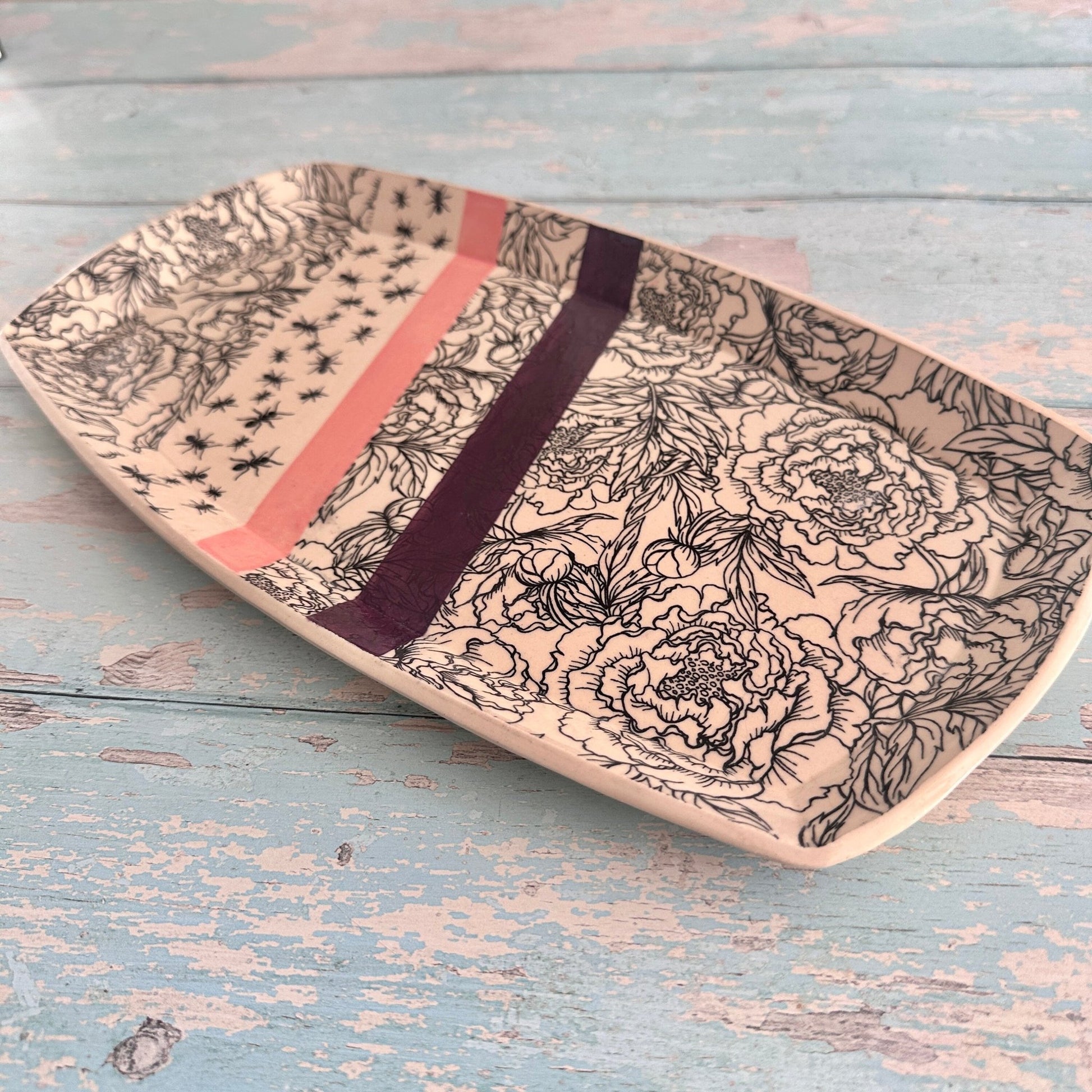 Peony and Ant Platter, Pink and Purple Large Handmade Rectangle Ceramic Plate - FJD Ceramics