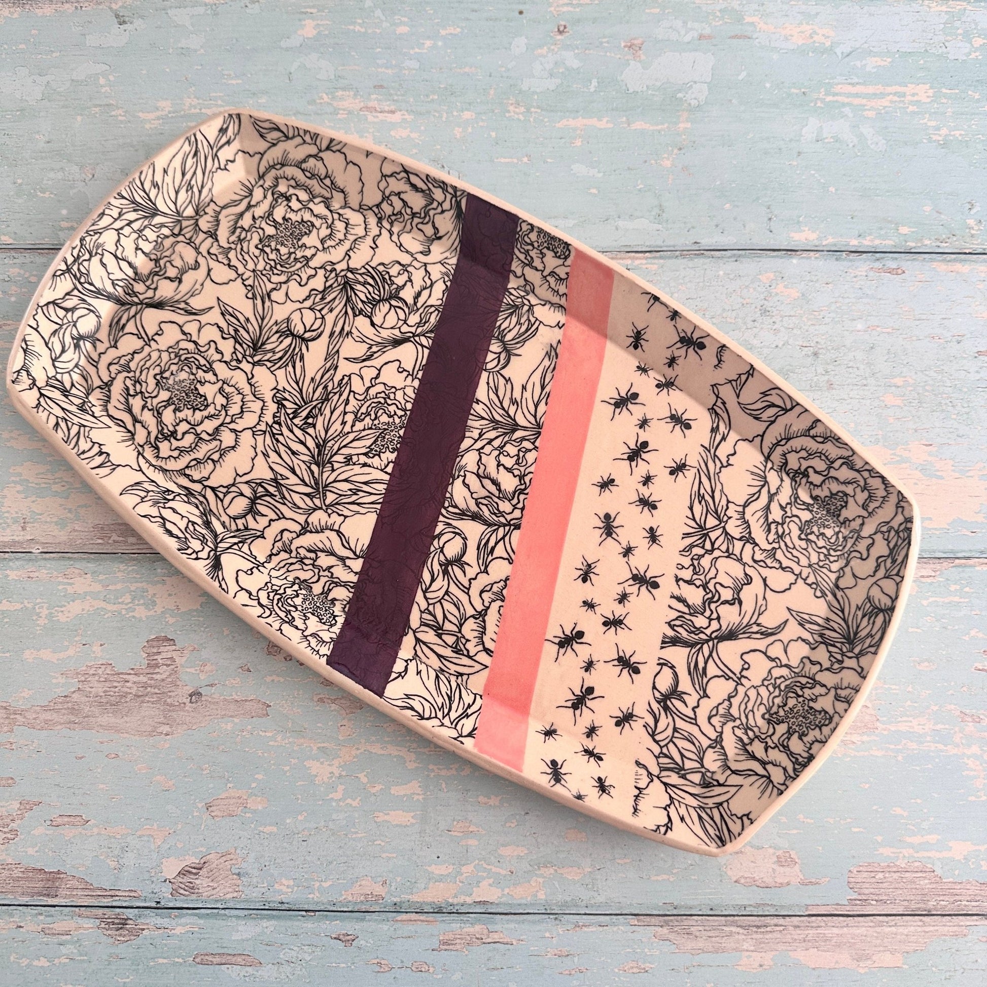 Peony and Ant Platter, Pink and Purple Large Handmade Rectangle Ceramic Plate - FJD Ceramics