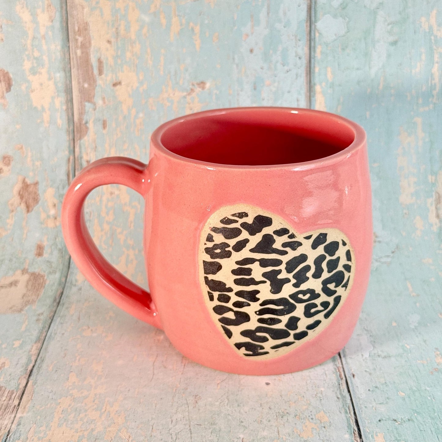 Pink and Black Leopard Skin, Heart MugHandmade Ceramic Cup - FJD Ceramics