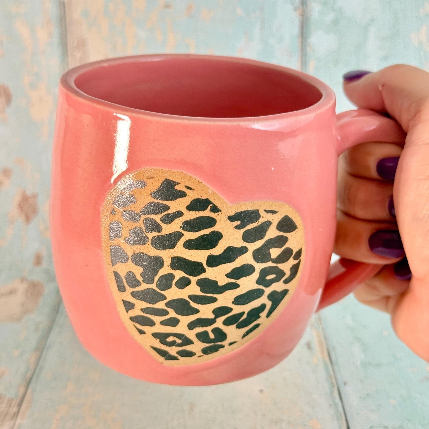Pink and Black Leopard Skin, Heart MugHandmade Ceramic Cup - FJD Ceramics
