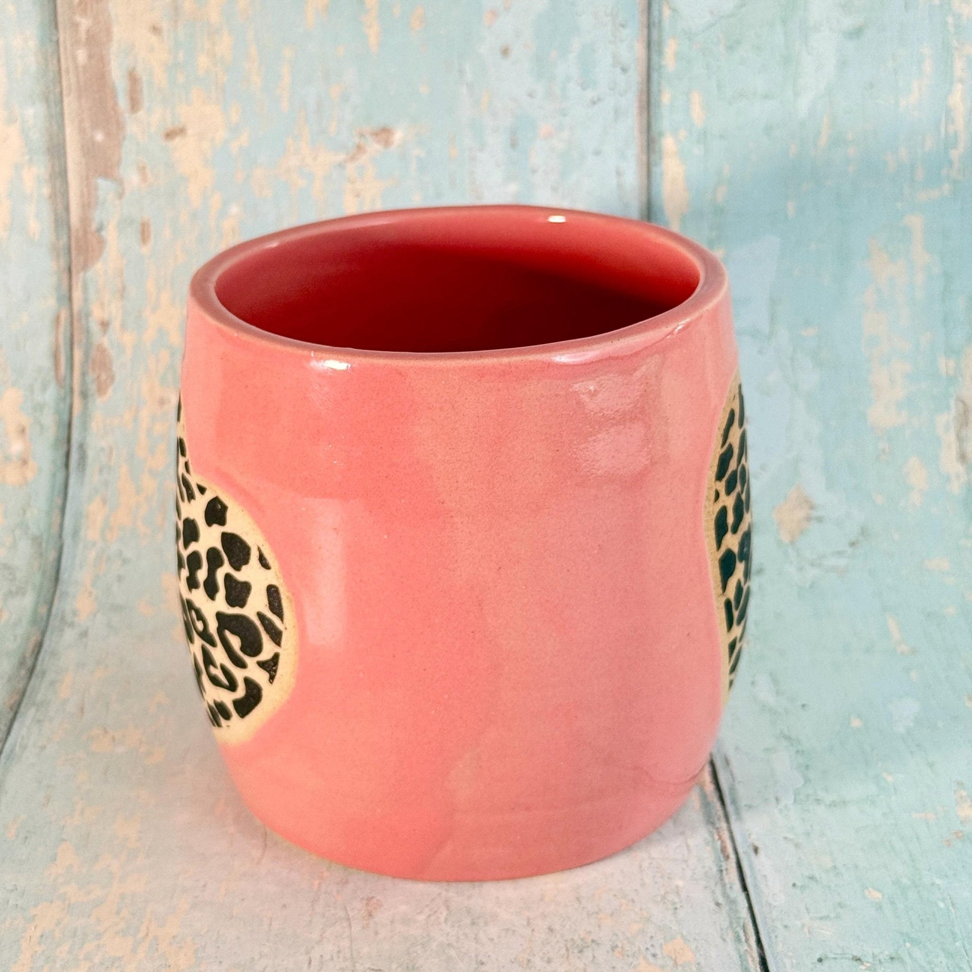 Pink and Black Leopard Skin, Heart MugHandmade Ceramic Cup - FJD Ceramics