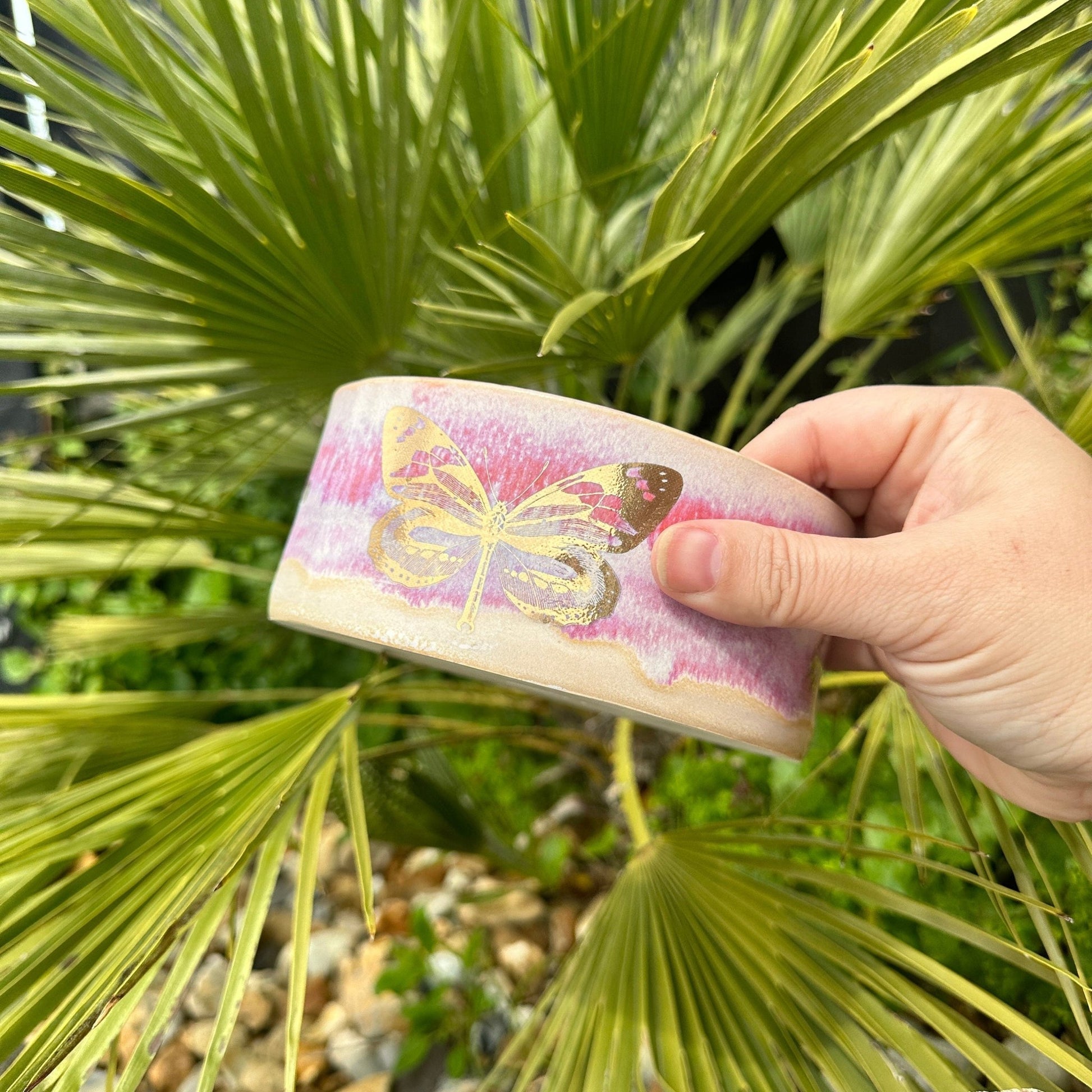 Pink and Gold Butterfly Dog/Cat Bowl, Handmade Pet Dish - FJD Ceramics