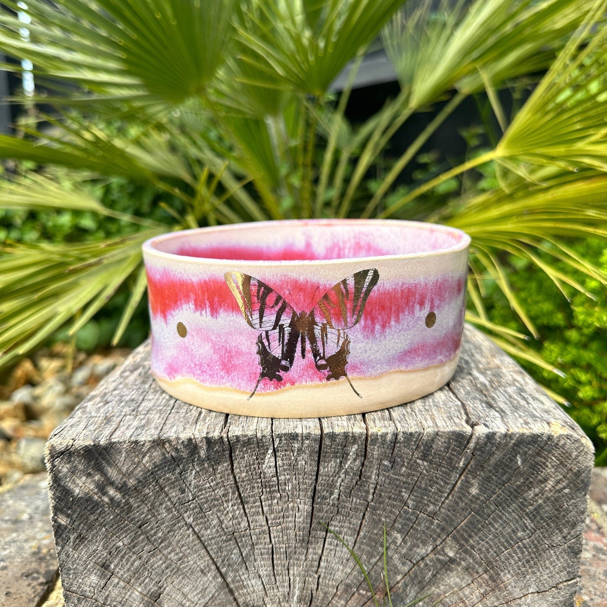 Pink and Gold Butterfly Dog/Cat Bowl, Handmade Pet Dish - FJD Ceramics