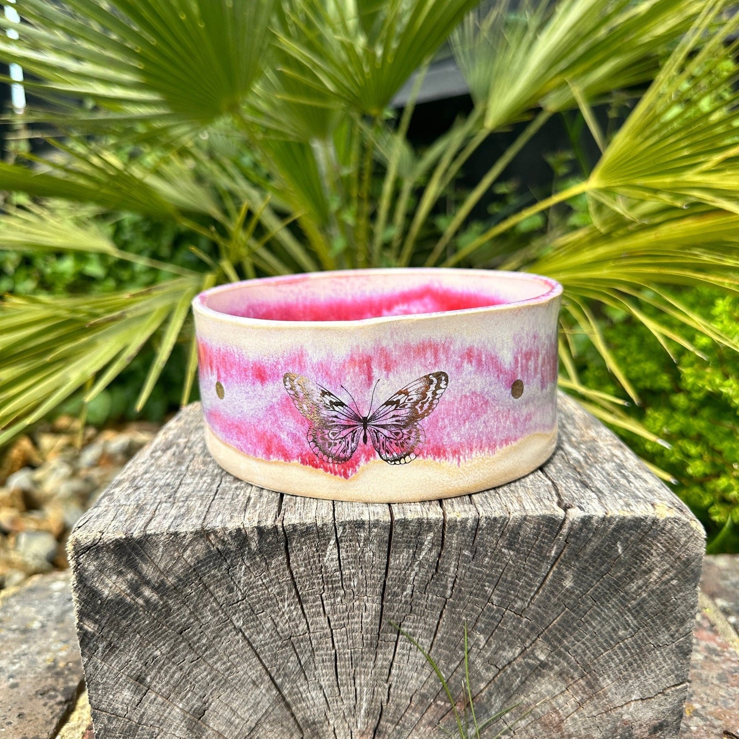 Pink and Gold Butterfly Dog/Cat Bowl, Handmade Pet Dish - FJD Ceramics