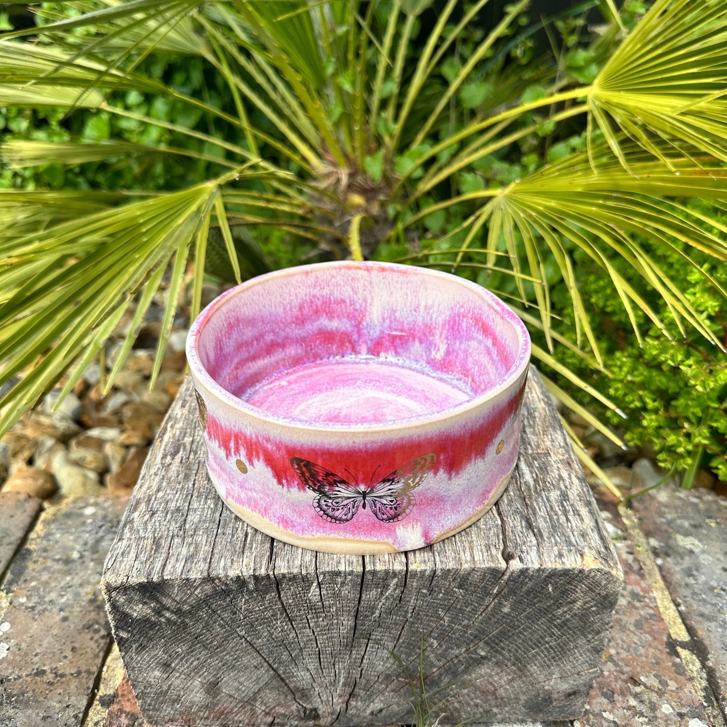 Pink and Gold Butterfly Dog/Cat Bowl, Handmade Pet Dish - FJD Ceramics