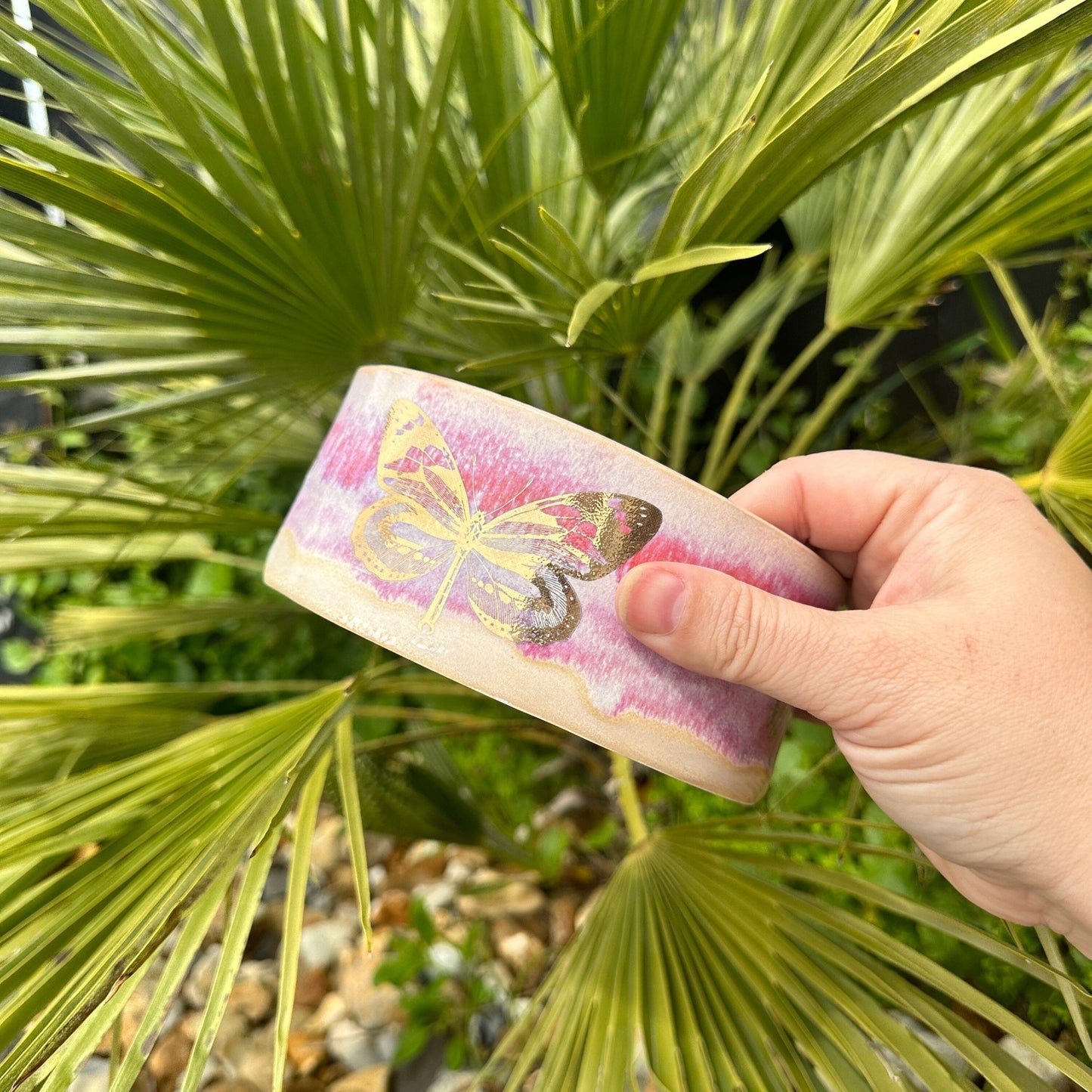 Pink and Gold Butterfly Dog/Cat Bowl, Handmade Pet Dish - FJD Ceramics