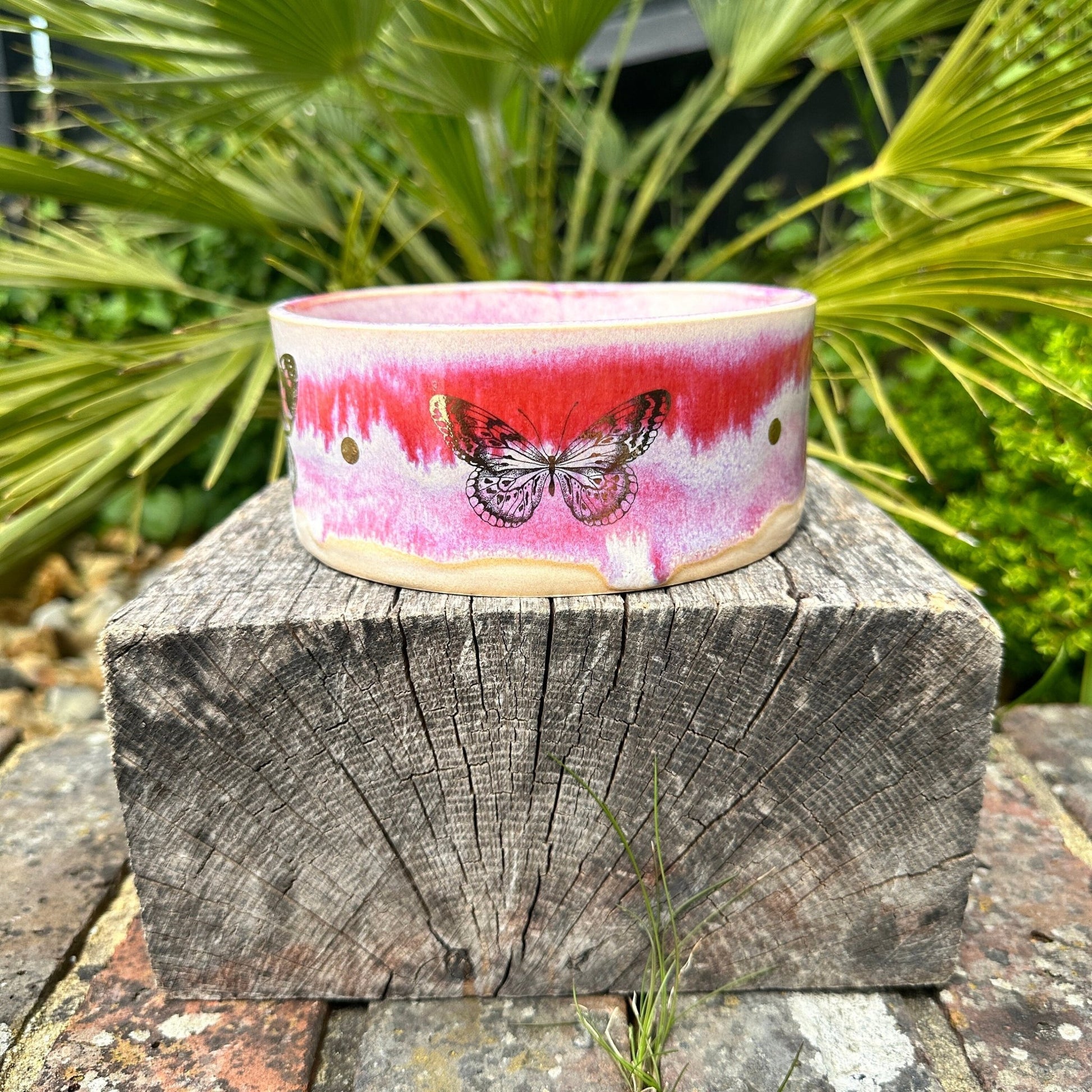 Pink and Gold Butterfly Dog/Cat Bowl, Handmade Pet Dish - FJD Ceramics