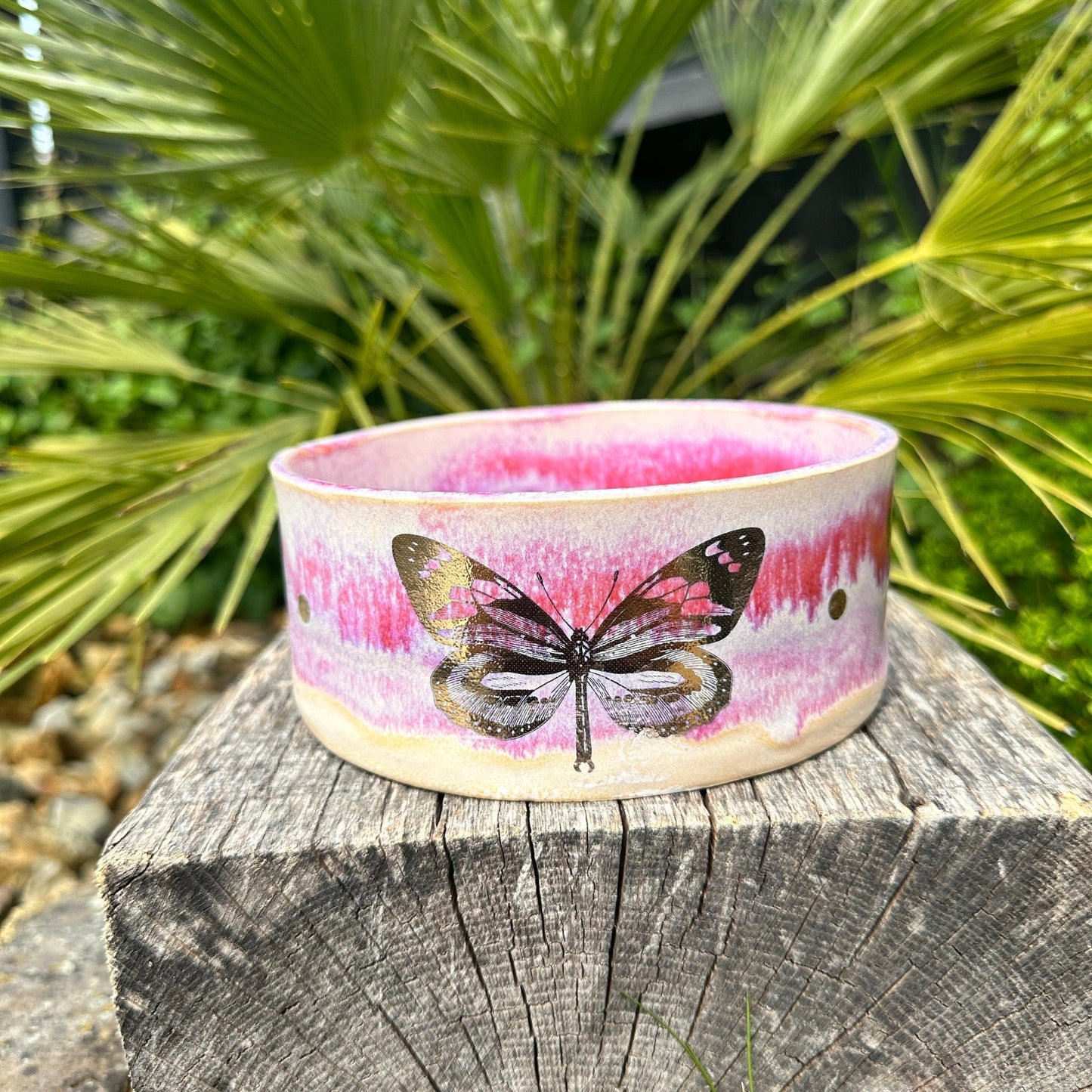 Pink and Gold Butterfly Dog/Cat Bowl, Handmade Pet Dish - FJD Ceramics