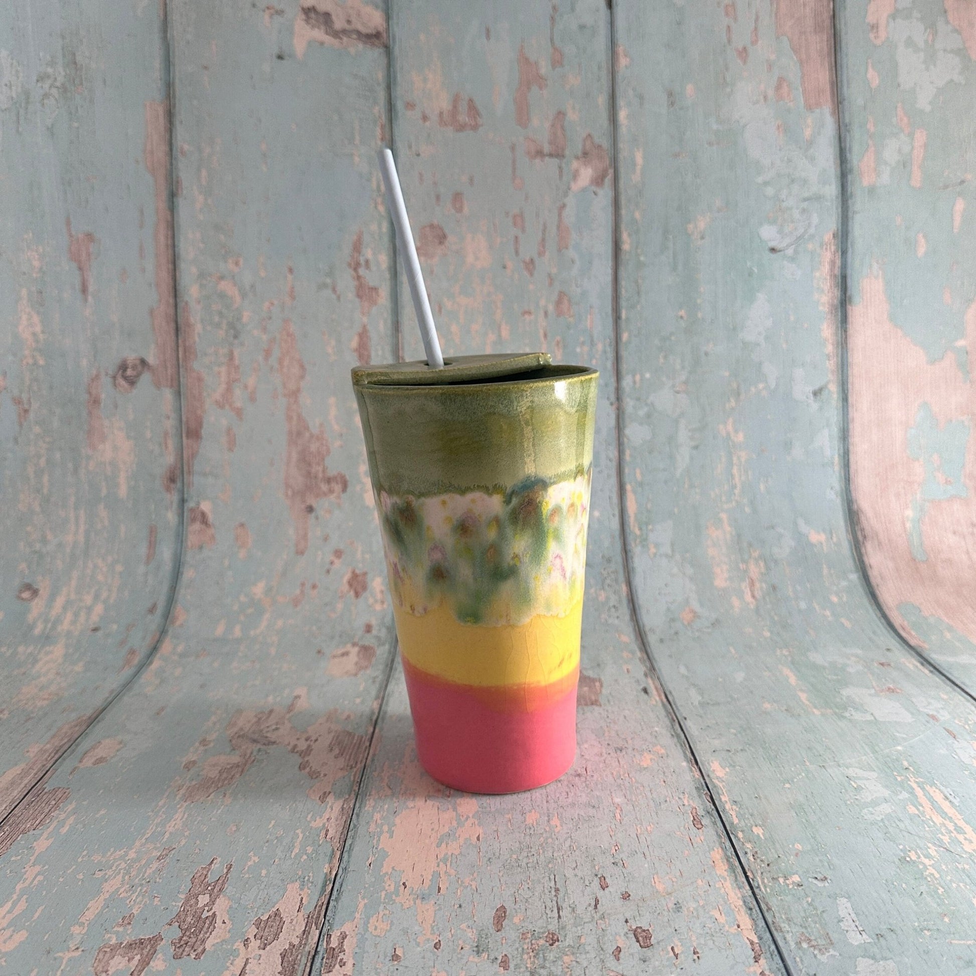 Pink and Yellow and Green Straw Holder Tumbler, Large Ceramic Cup - FJD Ceramics