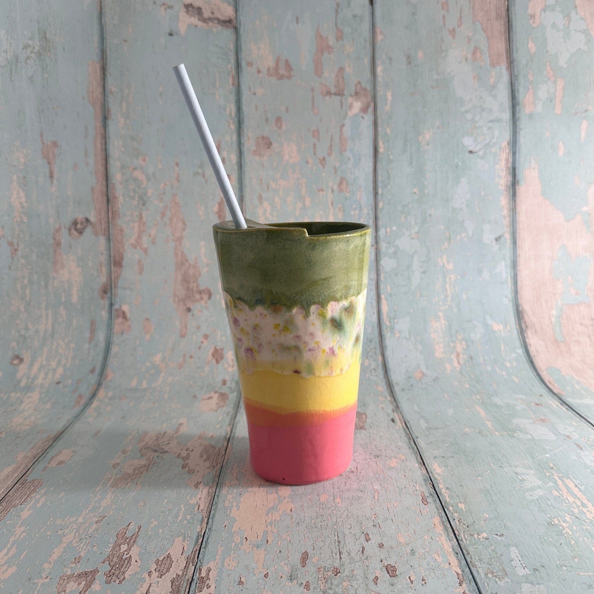 Pink and Yellow and Green Straw Holder Tumbler, Large Ceramic Cup - FJD Ceramics
