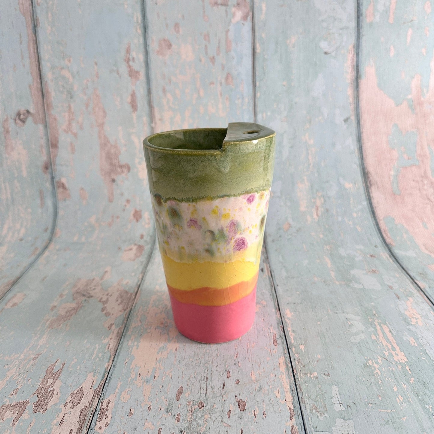 Pink and Yellow and Green Straw Holder Tumbler, Large Ceramic Cup - FJD Ceramics