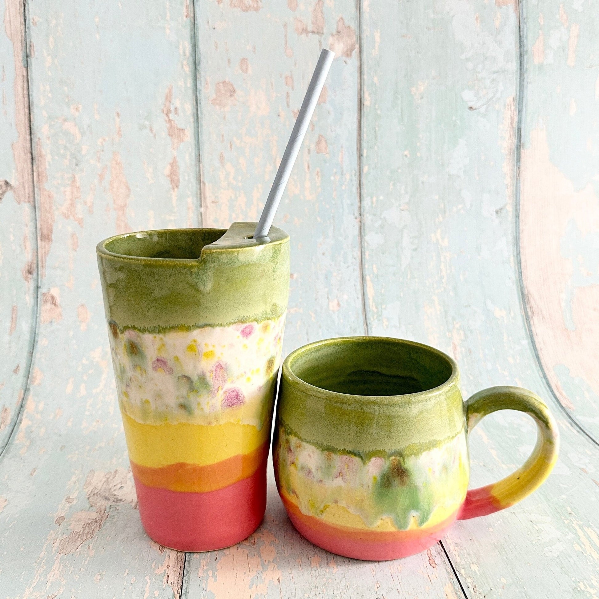 Pink and Yellow and Green Straw Holder Tumbler, Large Ceramic Cup - FJD Ceramics