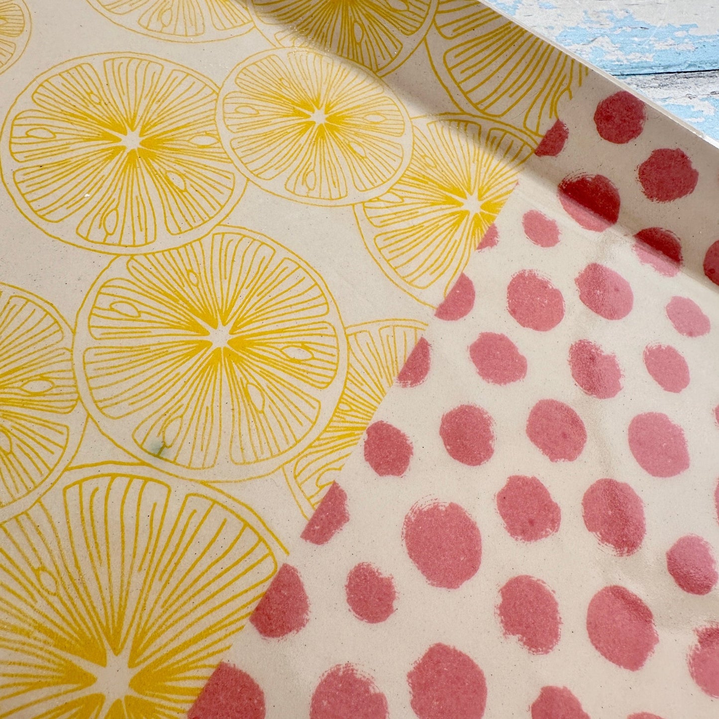 Pink and Yellow lemon Plater, Large Handmade Rectangle Ceramic Plate - FJD Ceramics