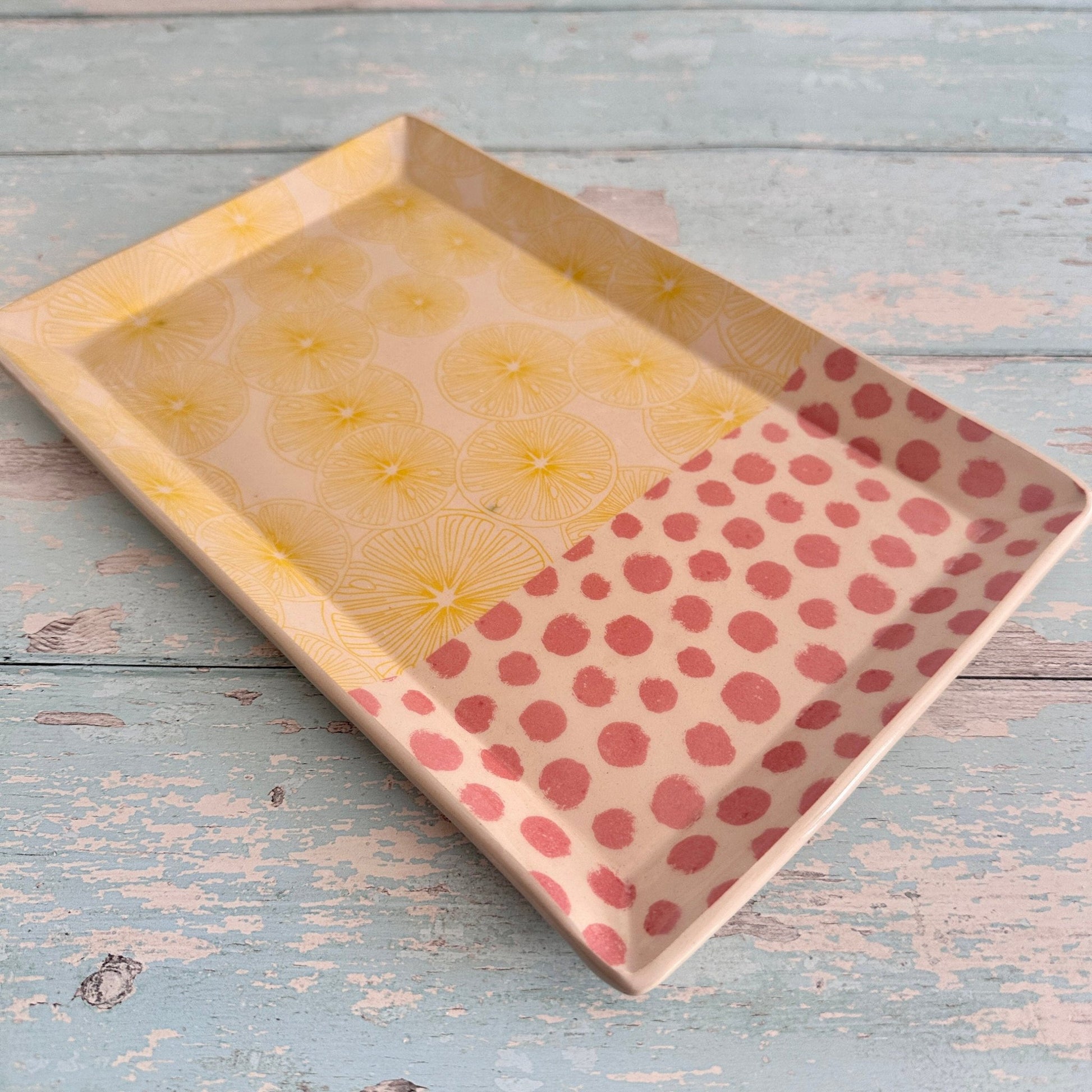 Pink and Yellow lemon Plater, Large Handmade Rectangle Ceramic Plate - FJD Ceramics