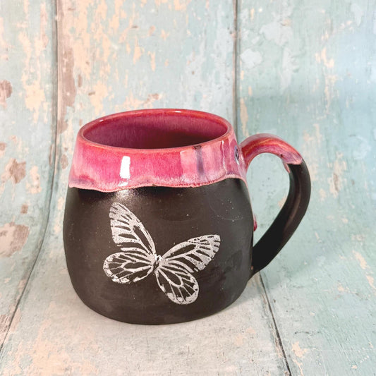 Pink & Black Butterfly Mug, Large Ceramic Cup - FJD Ceramics