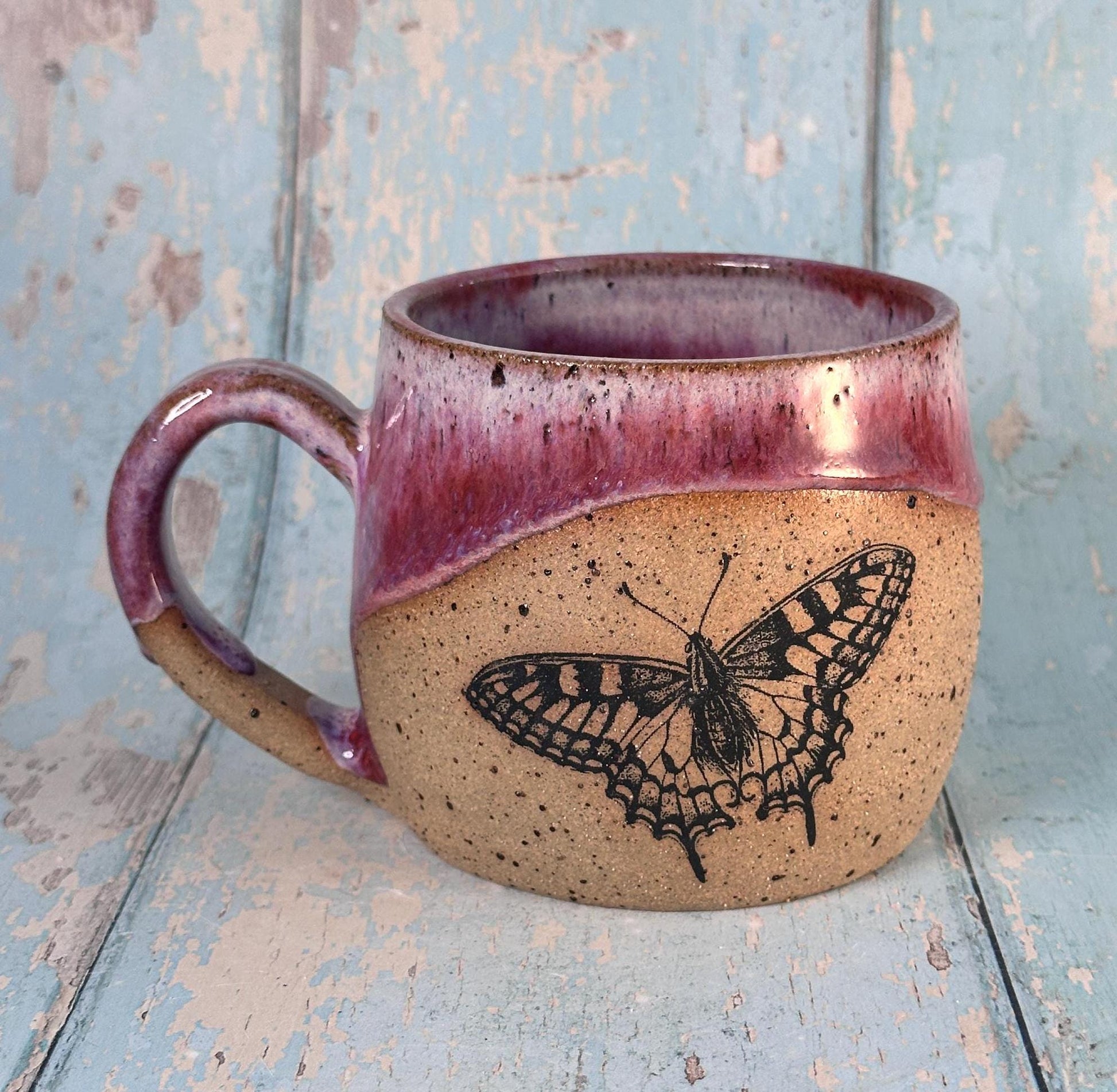 Pink Butterfly Mug, Large Ceramic Cup - FJD Ceramics