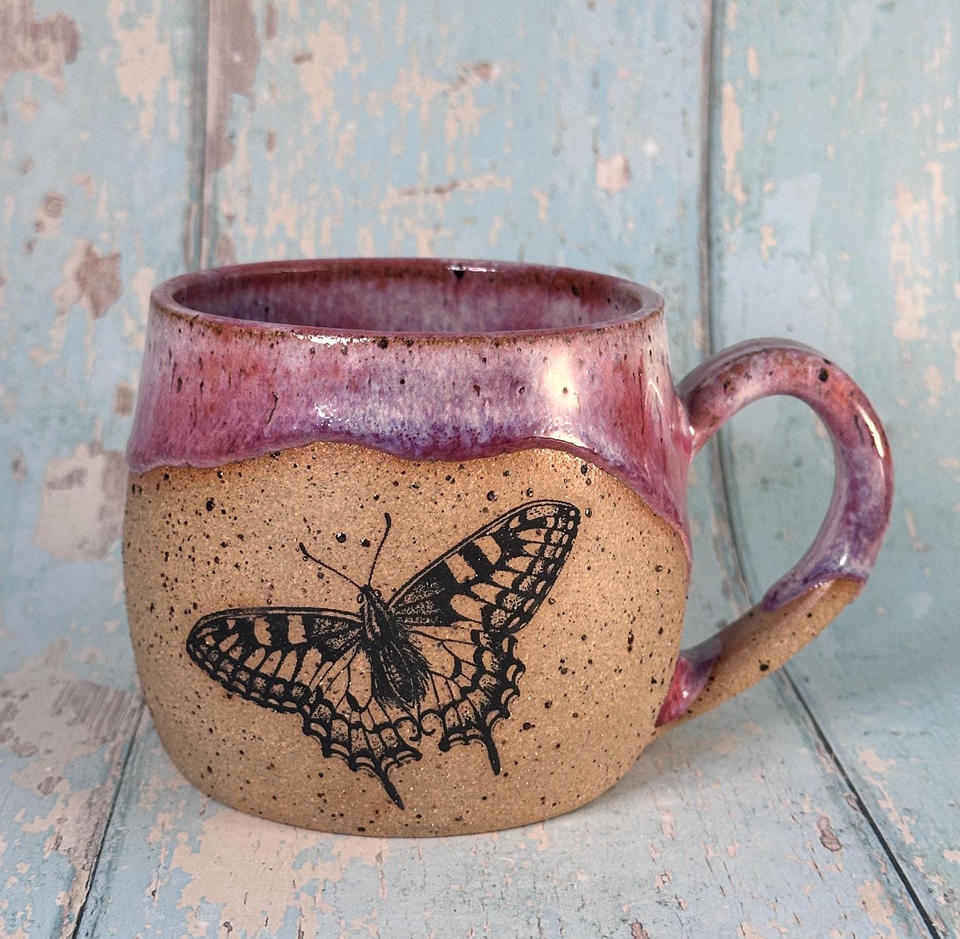 Pink Butterfly Mug, Large Ceramic Cup - FJD Ceramics