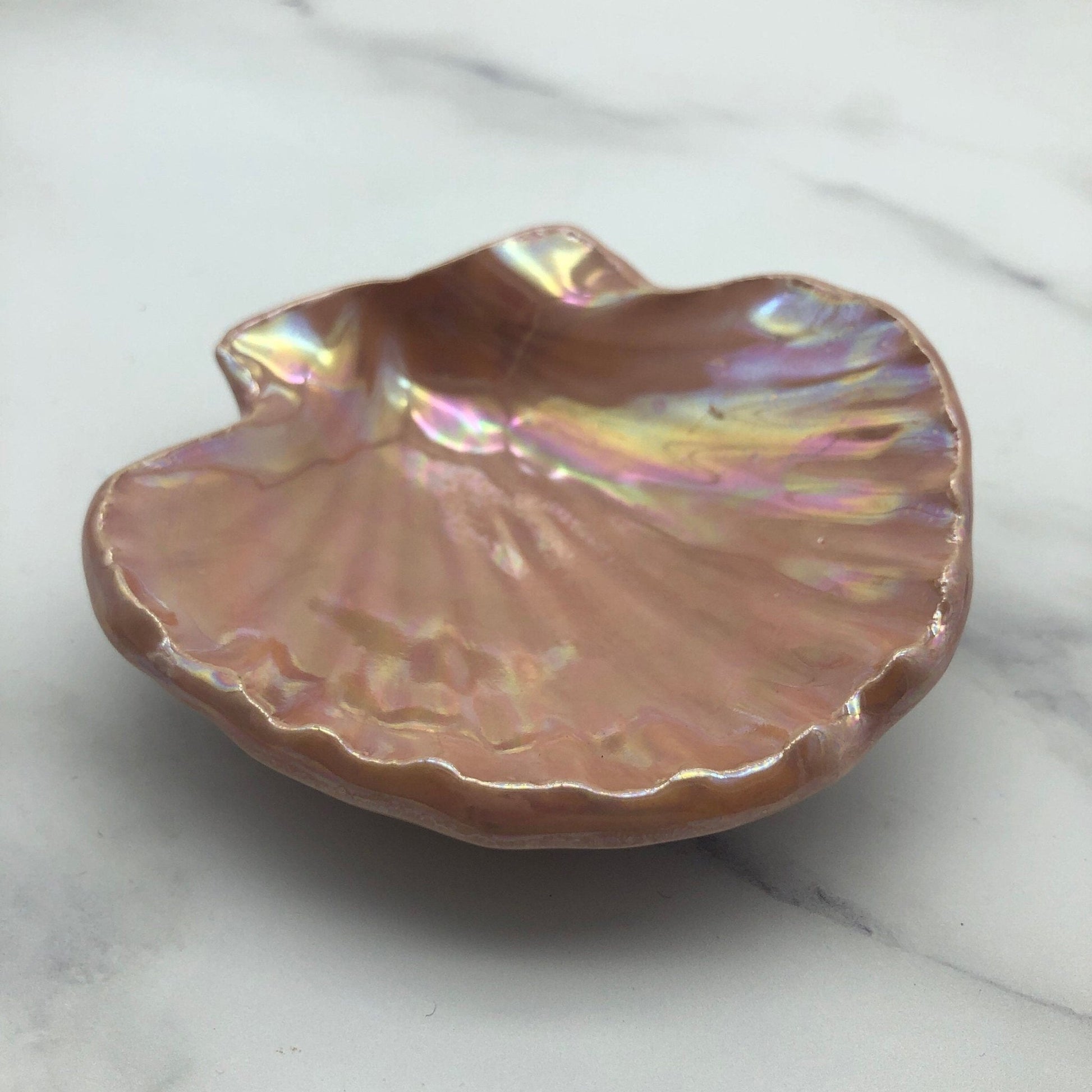 Pink Ceramic Sea Shell Jewelry Dish: Mother of Pearl Finish - FJD Ceramics
