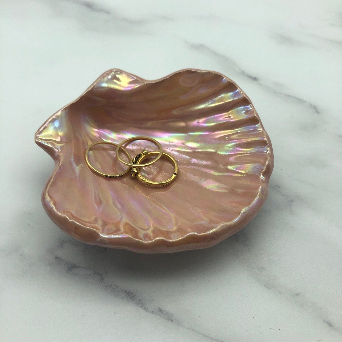 Pink Ceramic Sea Shell Jewelry Dish: Mother of Pearl Finish - FJD Ceramics