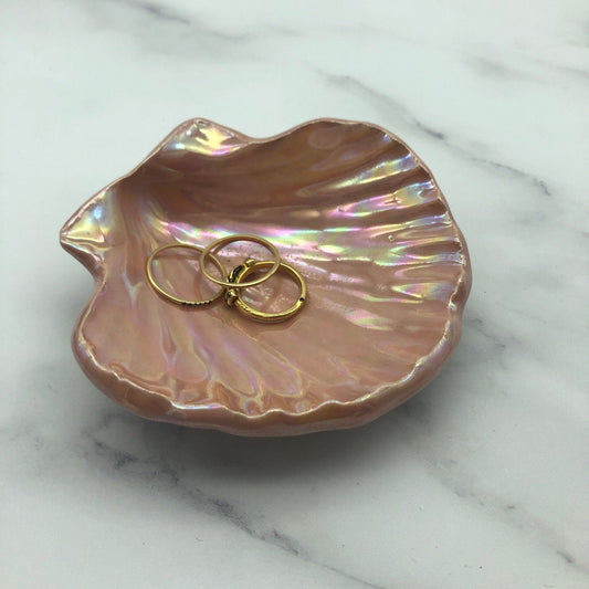 Pink Ceramic Sea Shell Jewelry Dish: Mother of Pearl Finish - FJD Ceramics