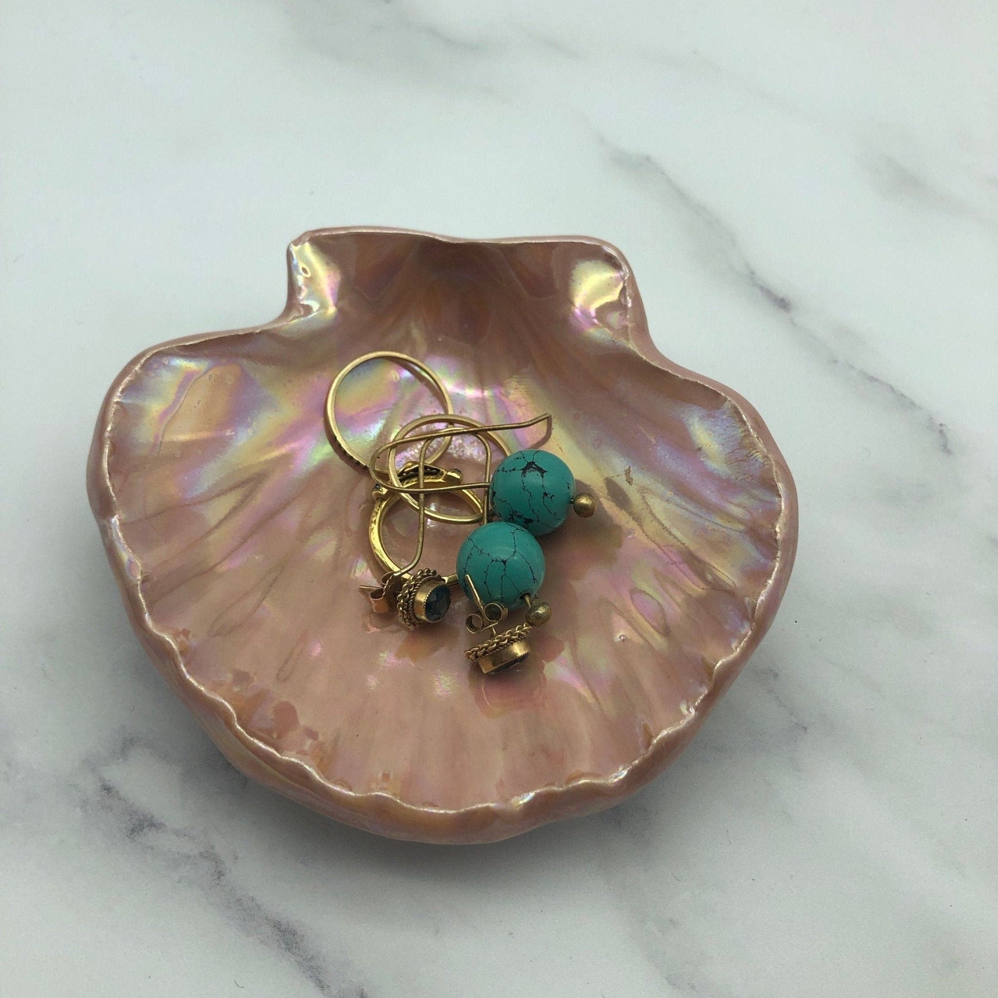 Pink Ceramic Sea Shell Jewelry Dish: Mother of Pearl Finish - FJD Ceramics