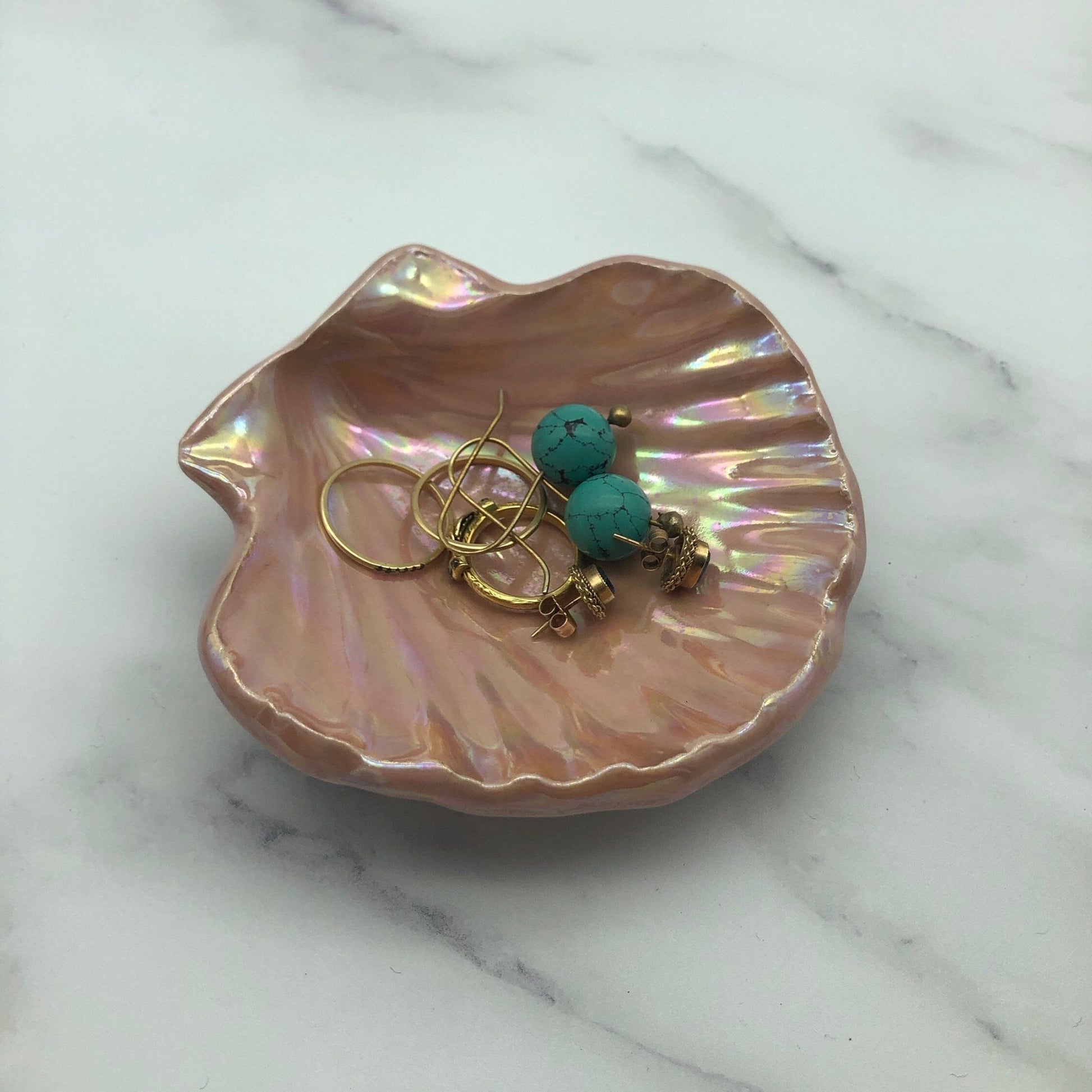 Pink Ceramic Sea Shell Jewelry Dish: Mother of Pearl Finish - FJD Ceramics