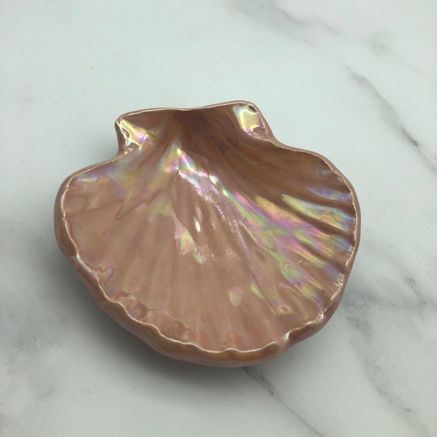 Pink Ceramic Sea Shell Jewelry Dish: Mother of Pearl Finish - FJD Ceramics