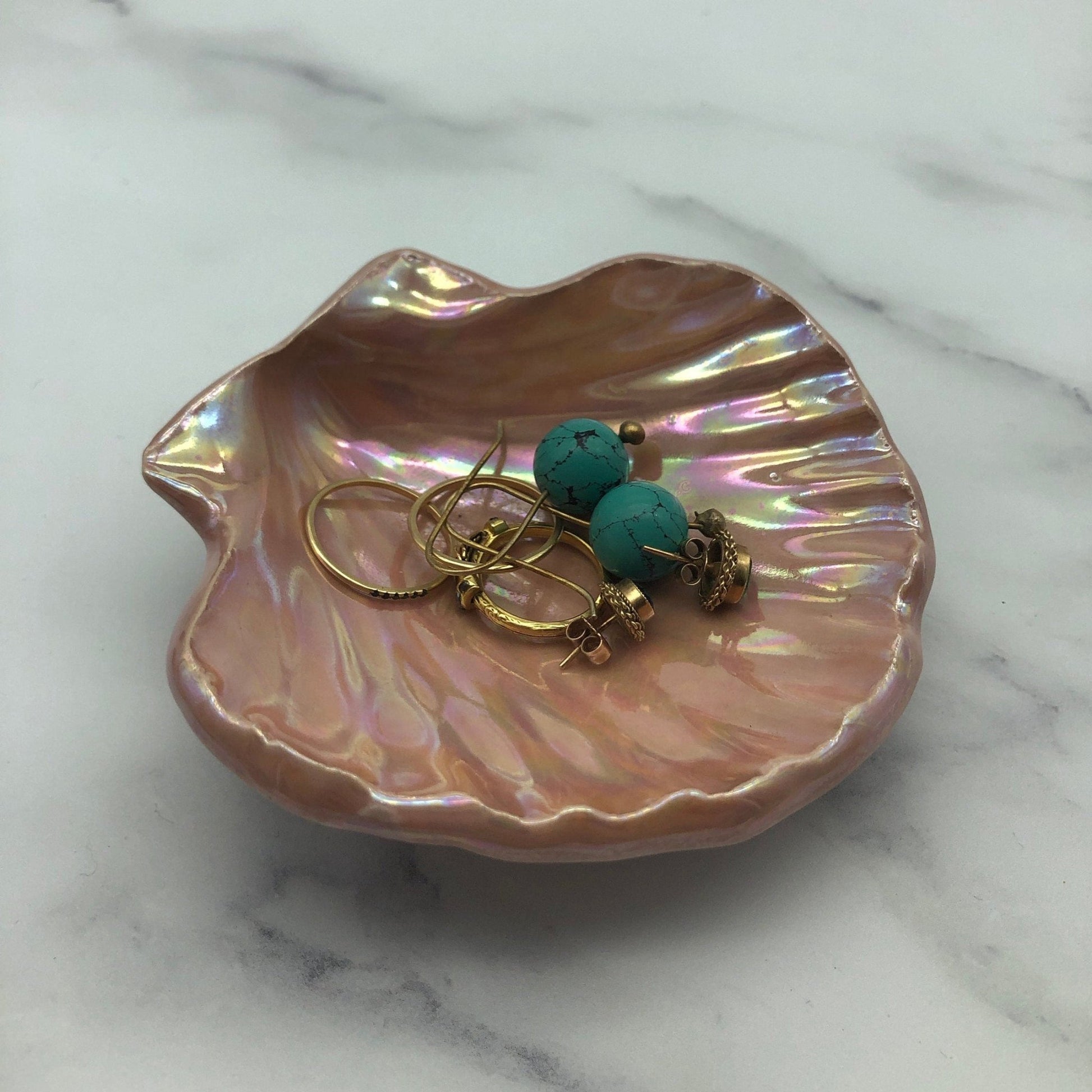 Pink Ceramic Sea Shell Jewelry Dish: Mother of Pearl Finish - FJD Ceramics