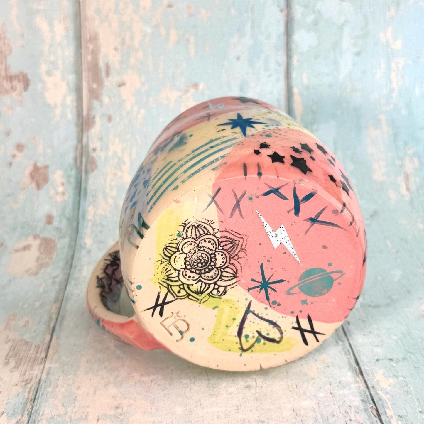 Pink Collage Mug, Handmade Ceramic Cup - FJD Ceramics